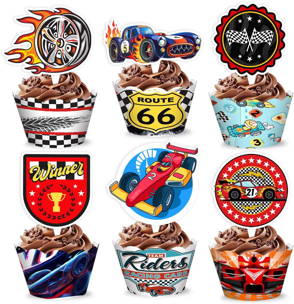 48PCS Race Car Themed Birthday Party Decorations | 24PCS Cupcake Toppers 24PCS Cupcake Wrappers Party Favors Supplies SuperCar Centerpiece Table Gifts for Boys Girls Carnival Prizes