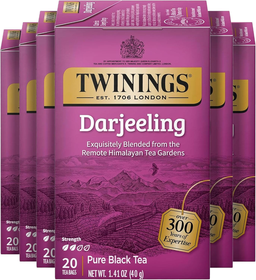 Twinings Darjeeling Black Tea Individually Wrapped Bags, 20 Count (Pack of 6), Delicate Light Taste, Caffeinated, Enjoy Hot or Iced, 120 Teabags