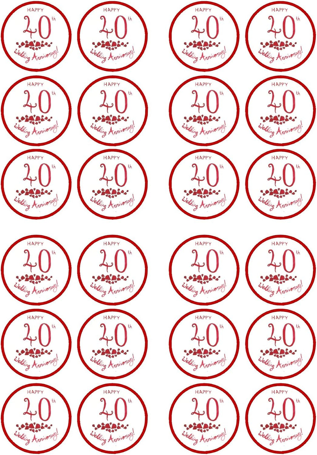 Ruby Wedding Edible Cupcake Toppers, 40th Anniversary Decorations for Cake Decorating, Happy Anniversary Cake Topper for Parties + Celebrations, 24 x 4cm / 1.5 inch Wafer Card Discs