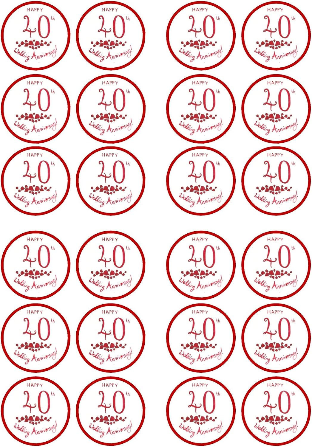 Ruby Wedding Edible Cupcake Toppers, 40th Anniversary Decorations for Cake Decorating, Happy Anniversary Cake Topper for Parties + Celebrations, 24 x 4cm / 1.5 inch Wafer Card Discs