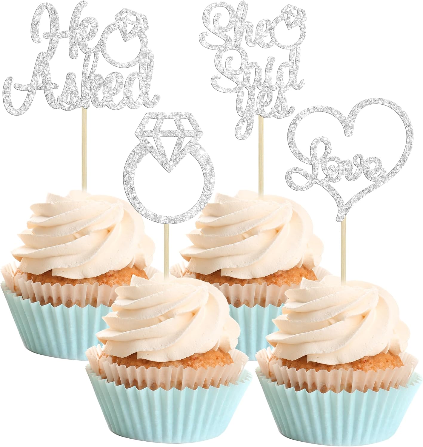 Gyufise 24 Pack Silver Glitter He Asked She Said Yes Cupcake Toppers Diamond Ring Heart Cake Picks for Wedding Engagement Party Cake Decorations
