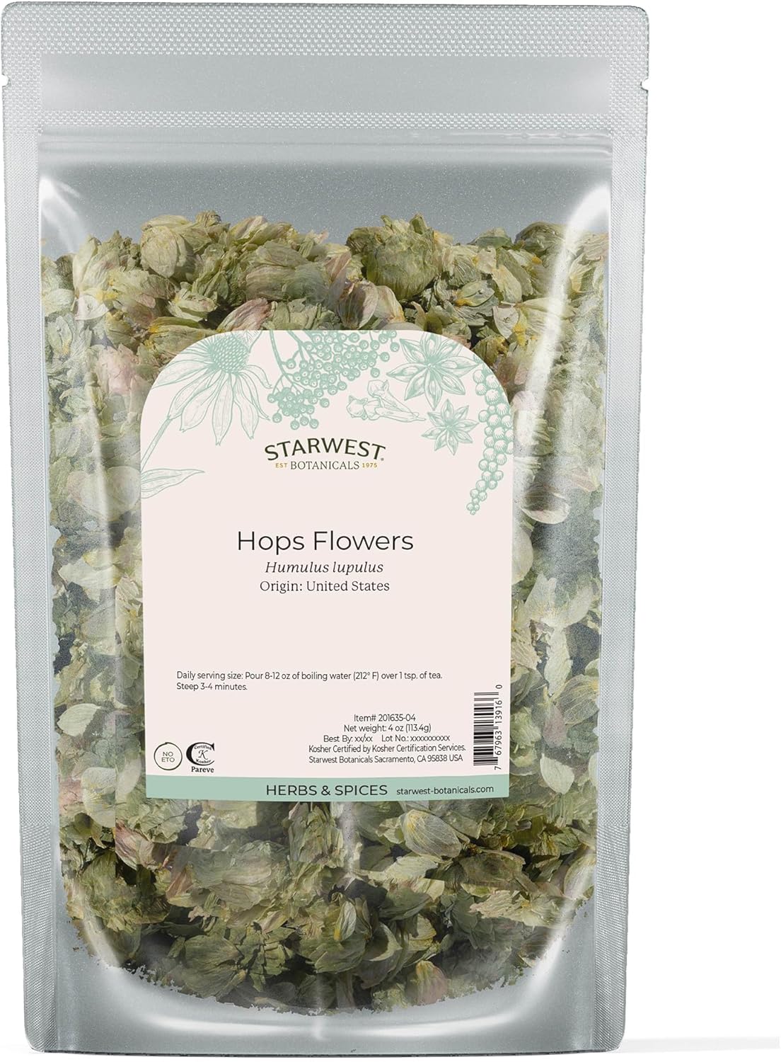 Starwest Botanicals Dried Hops Flowers Whole - Herb for Hot Water & Tea, Use in Herbal Blends, Natural Pine & Citrus Notes, Certified Kosher - 4 oz Pouch