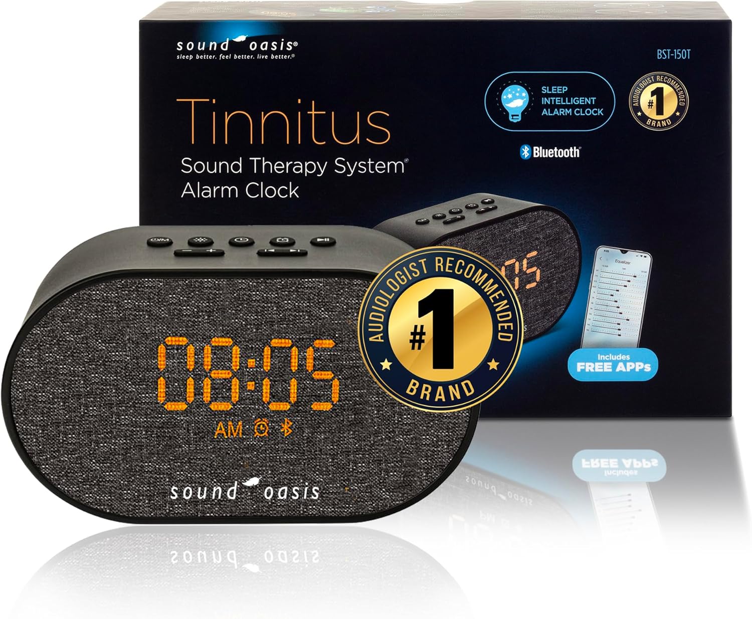 Sound Oasis® Bluetooth Tinnitus Sound Therapy System® Alarm Clock - Sleep Better, Manage and Mask Tinnitus, 30 Built-in Sounds for Tinnitus Relief, Sleep-Friendly Lighting, Travel Friendly (BST-150T)