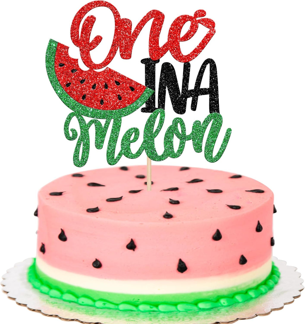 Rsstarxi 1 Pack Watermelon 1st Birthday Cake Topper Glitter One in a Melon Cake Pick for Summer Fruit Watermelon Themed First Birthday Baby Shower Kids 1st Birthday Party Cake Decorations