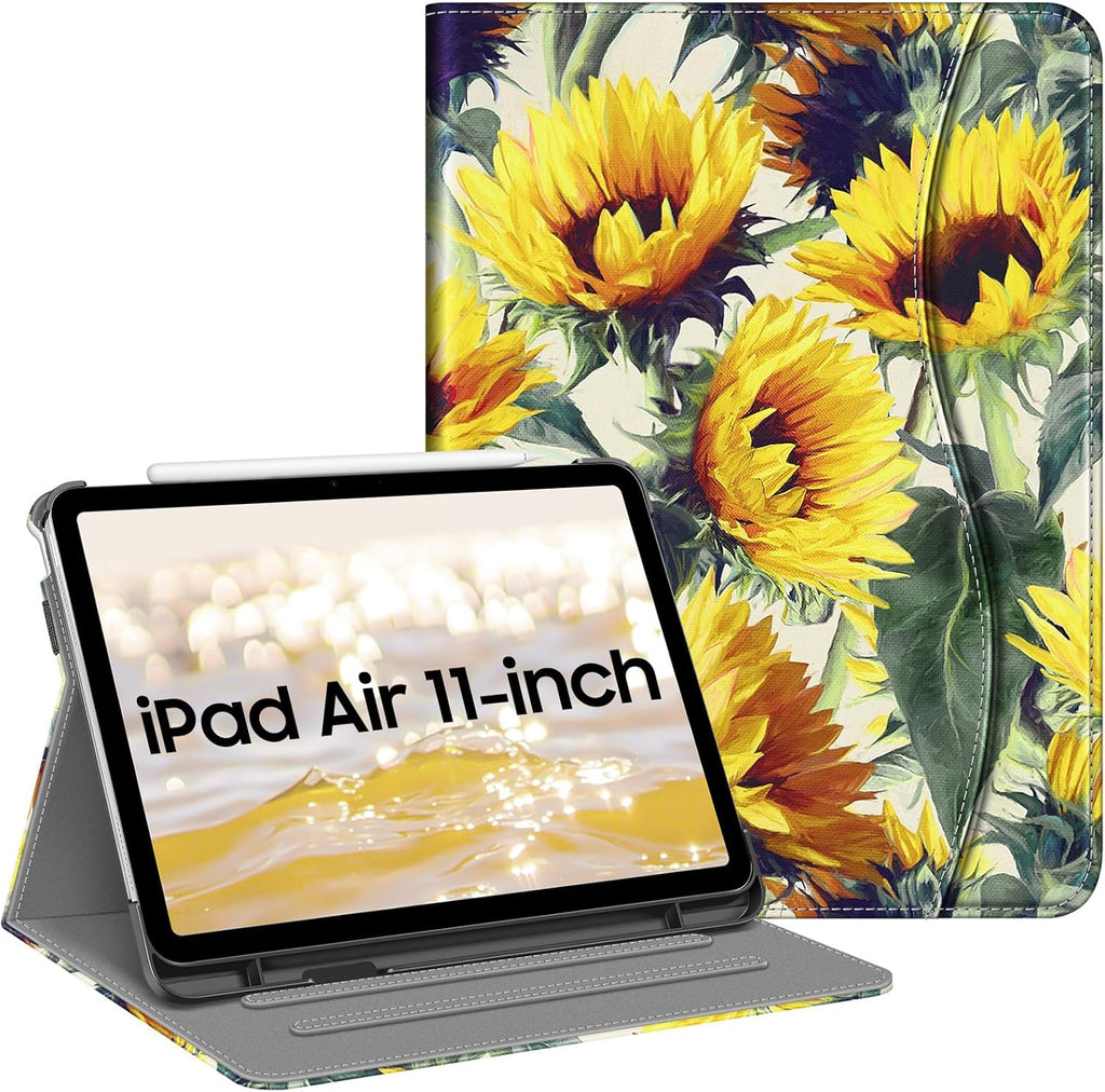 Fintie Case for iPad Air 11-inch M4/M3/M2 (2026/2025/2024), iPad Air 5th/4th Generation (2022/2020) 10.9 Inch, Multi-Angle Viewing Protective Cover with Pencil Holder & Pocket, Sunflowers