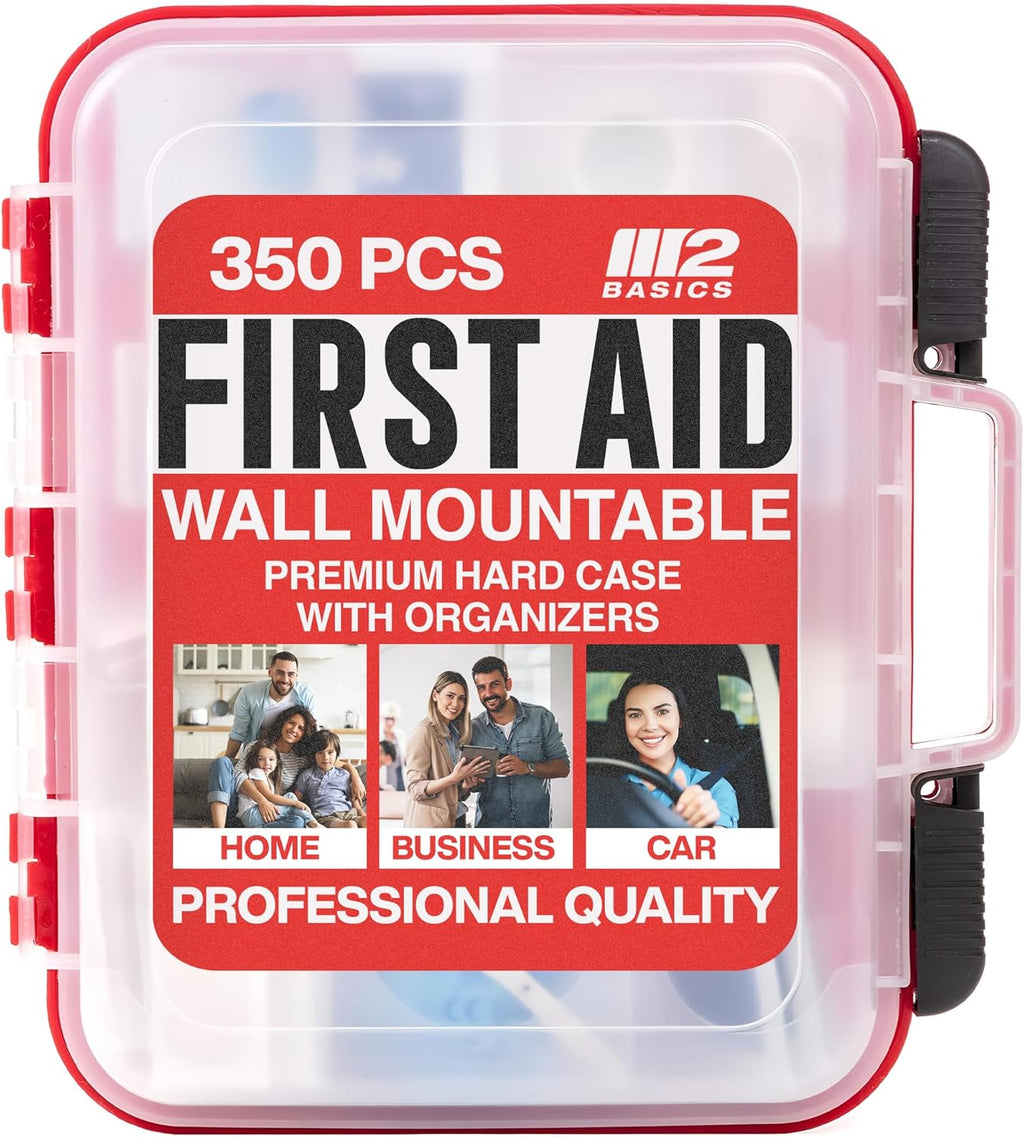 M2 BASICS 350 Piece First Aid Kit, Wall Mount Hard Case with Dual Layer Compartments for Workplace, Office, Warehouse, Home, Car