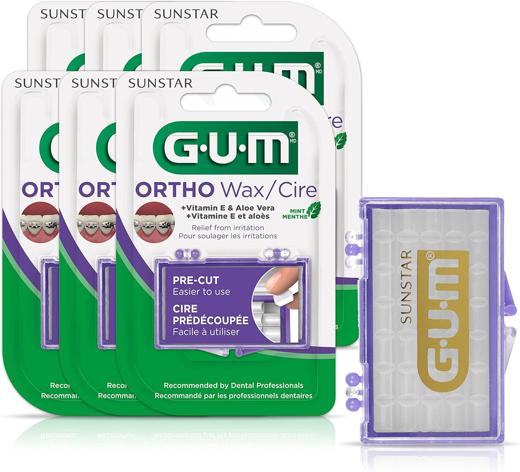 GUM Orthodontic Wax for Braces and Dental Devices - Soothing Dental Wax with Vitamin E and Aloe Vera - Clear Color and Refreshing Mint Flavor (Pack of 6)