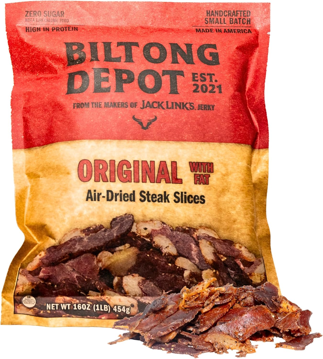 Biltong Depot Original Beef Biltong Slices with Fat – 1lb (16oz) | Air-Dried Beef Jerky Snack | High Protein | Zero Sugar | Keto & Paleo Friendly | Gluten Free | No Artificial Preservatives | No MSG