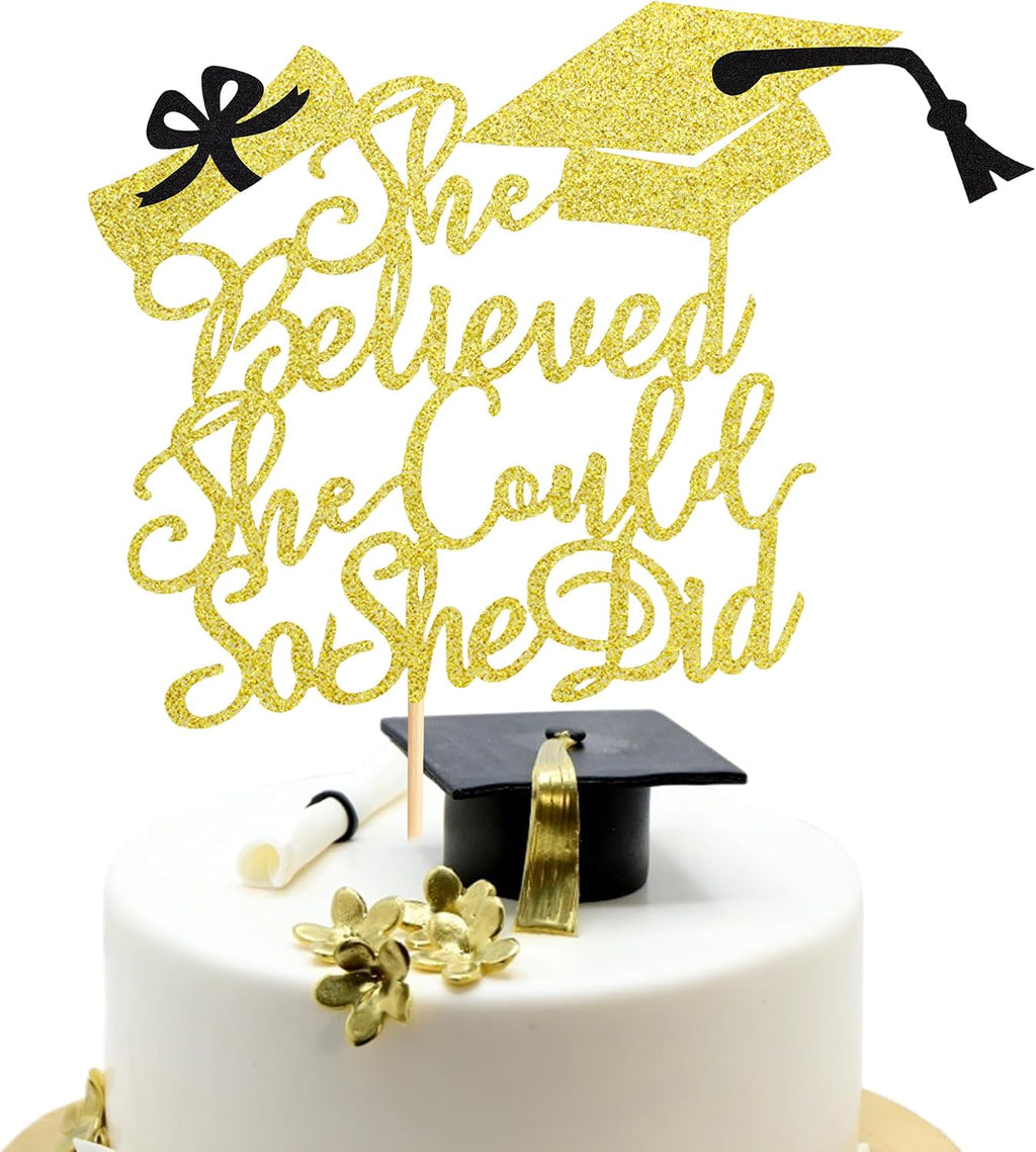Arthsdite 1Pc She Believed She Could So She Did Cake Topper, 2026 Graduation Cake Topper, Graduation Decorations for Girls, High School/College/University Graduation Decoration - Gold Glitter