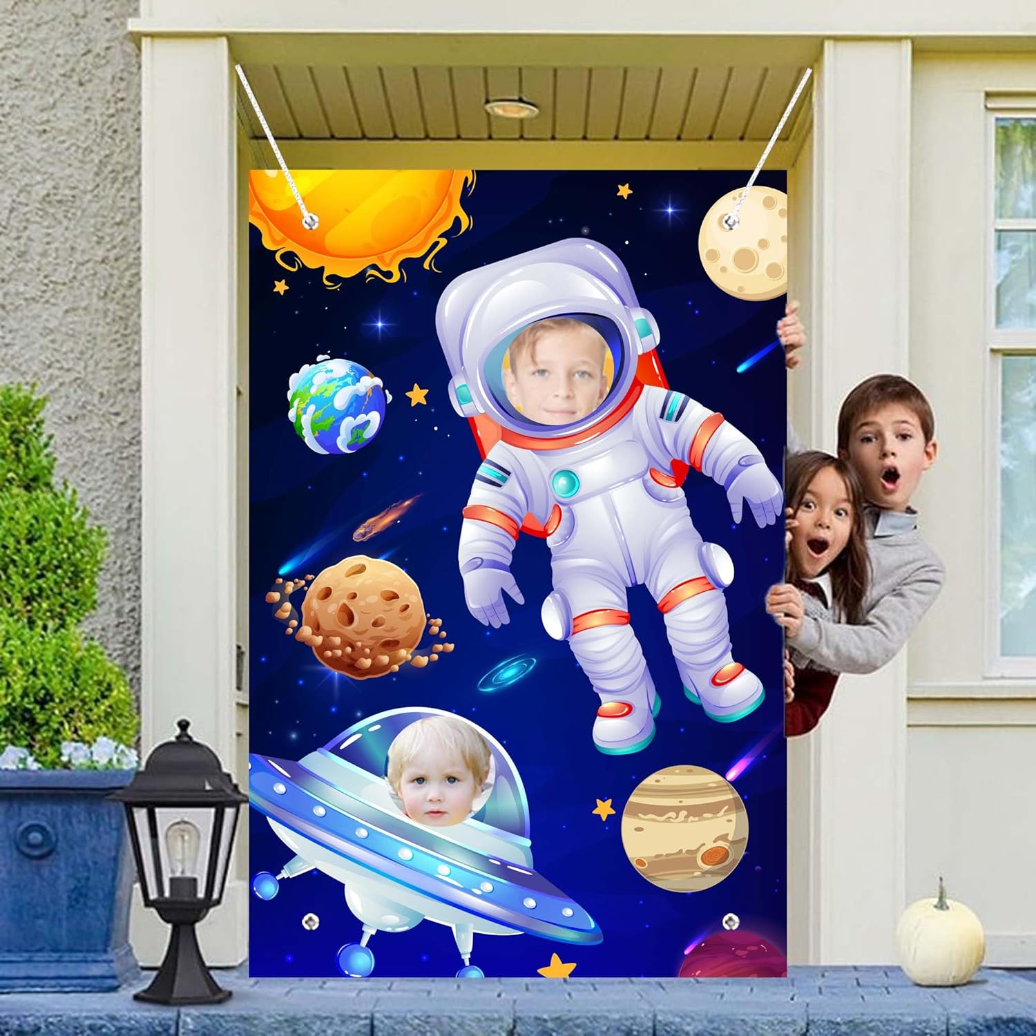 Outer Space Party Backdrop, 59.06''x39.37'' Astronaut Alien Face Cutout Background Rocket Galaxy Star Banner for Outer Space Birthday Party Decorations
