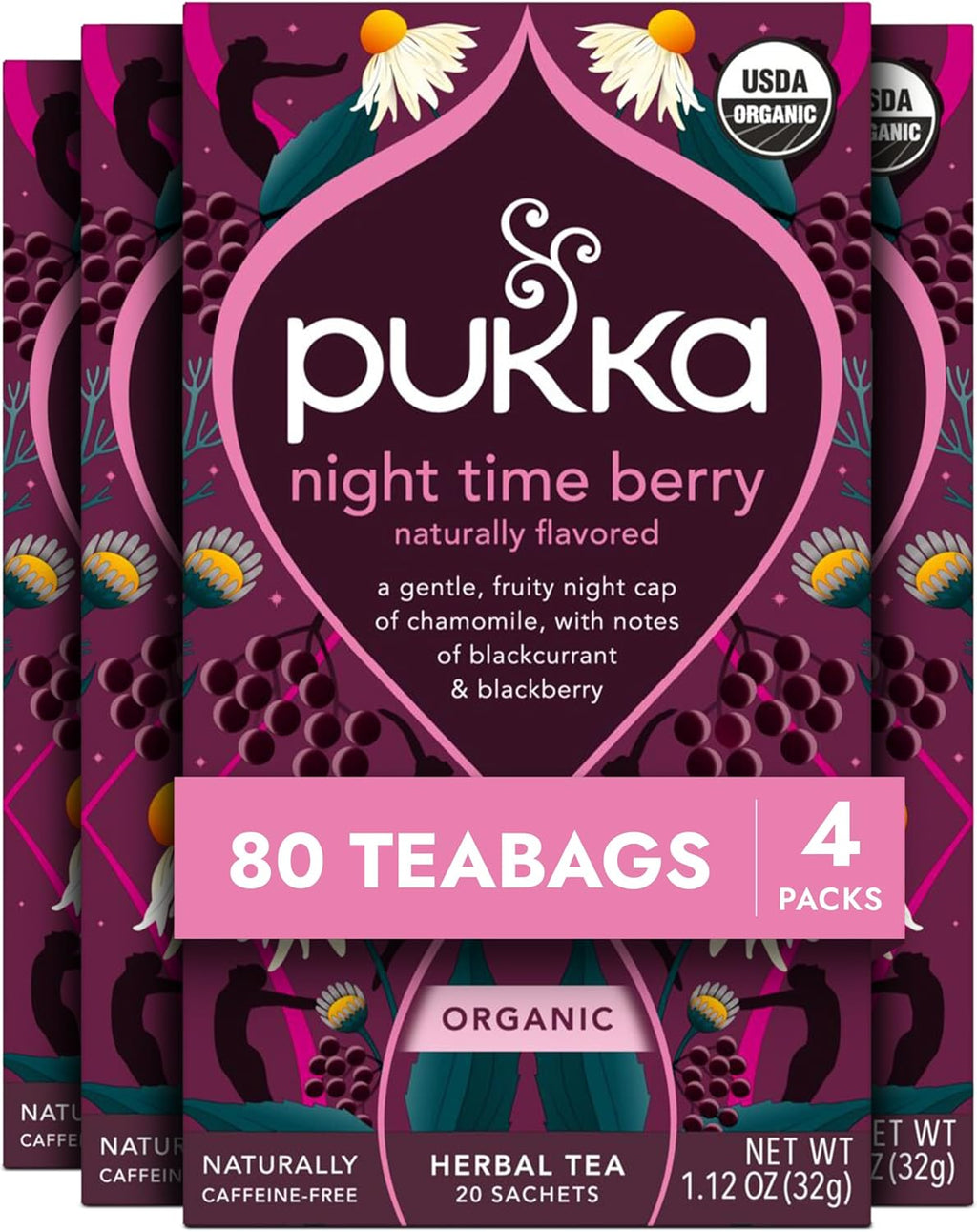 Pukka Night Time Berry Organic Herbal Tea, Soothing Infusion With Chamomile, Lavender & Elderberry, Tea Gift Set For Bedtime Relaxation, Caffeine Free, 80 Total Bags (20ct - Pack of 4)