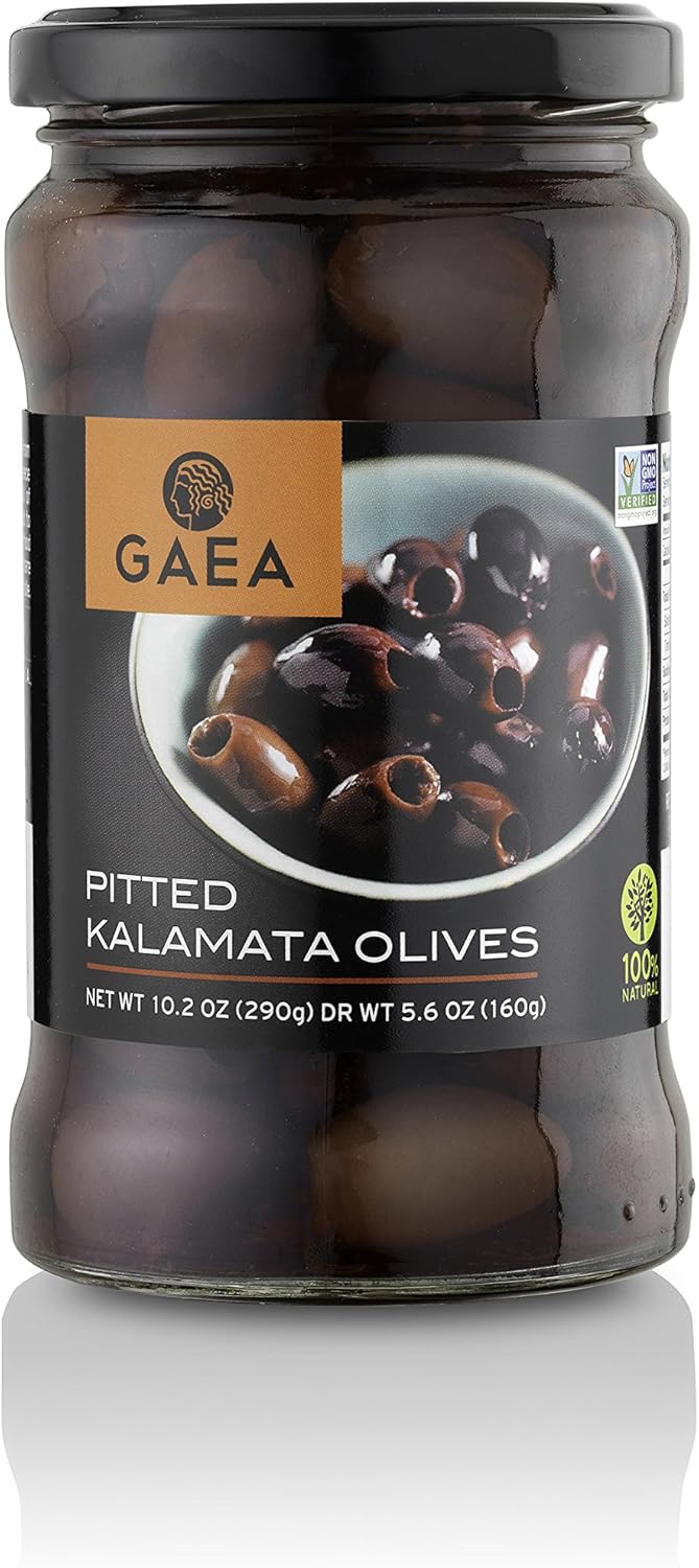 Gaea Pitted Greek Kalamata Olives - 10.2 oz. Jar - Non-GMO Preservative-Free and Low Sodium Healthy Snack