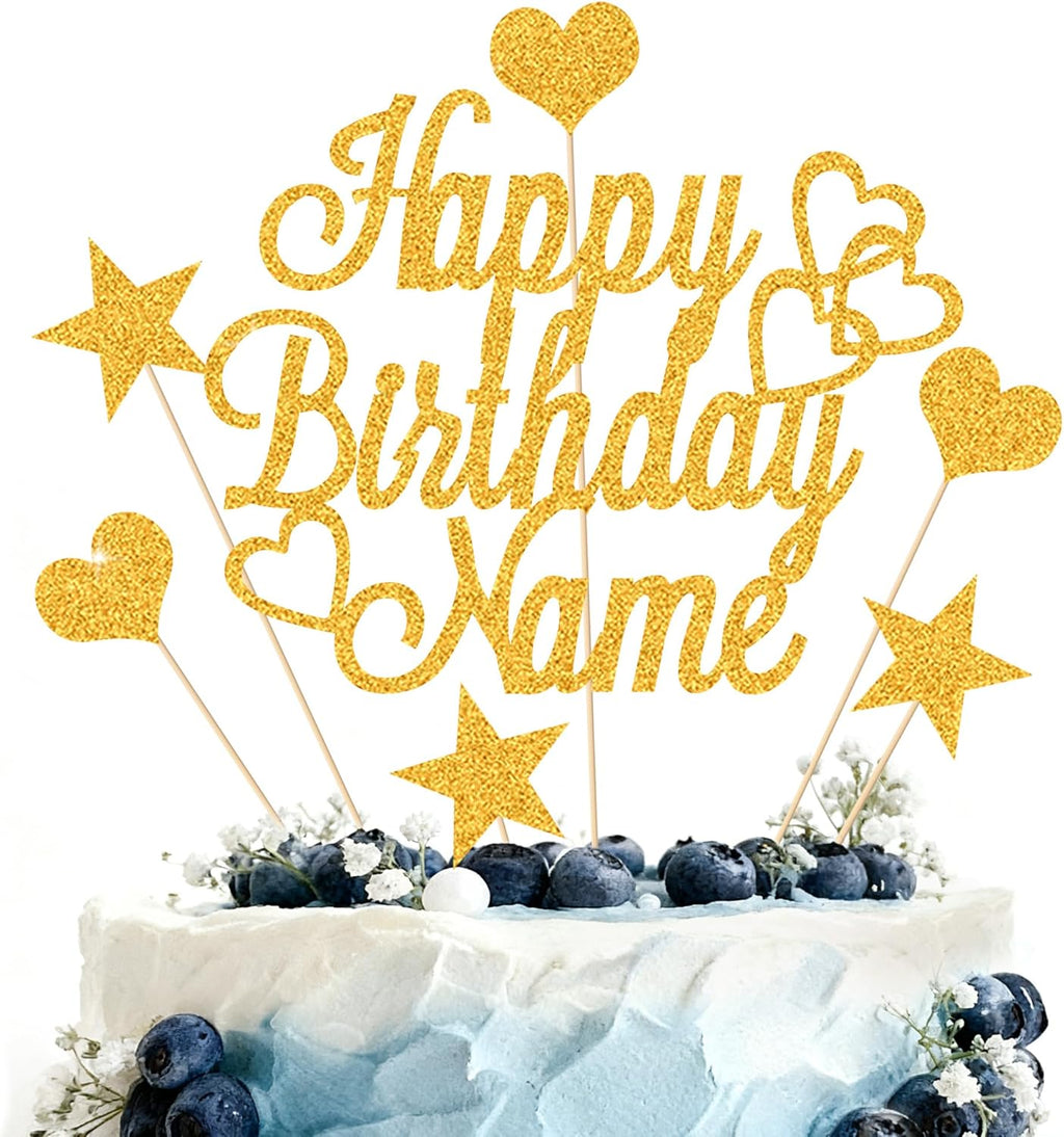 Personalized Happy Birthday Cake Topper | Customized Name Cake Decoration | Double Sided Glitter Card | Gold