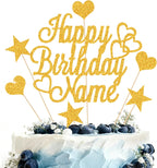 Personalized Happy Birthday Cake Topper | Customized Name Cake Decoration | Double Sided Glitter Card | Gold