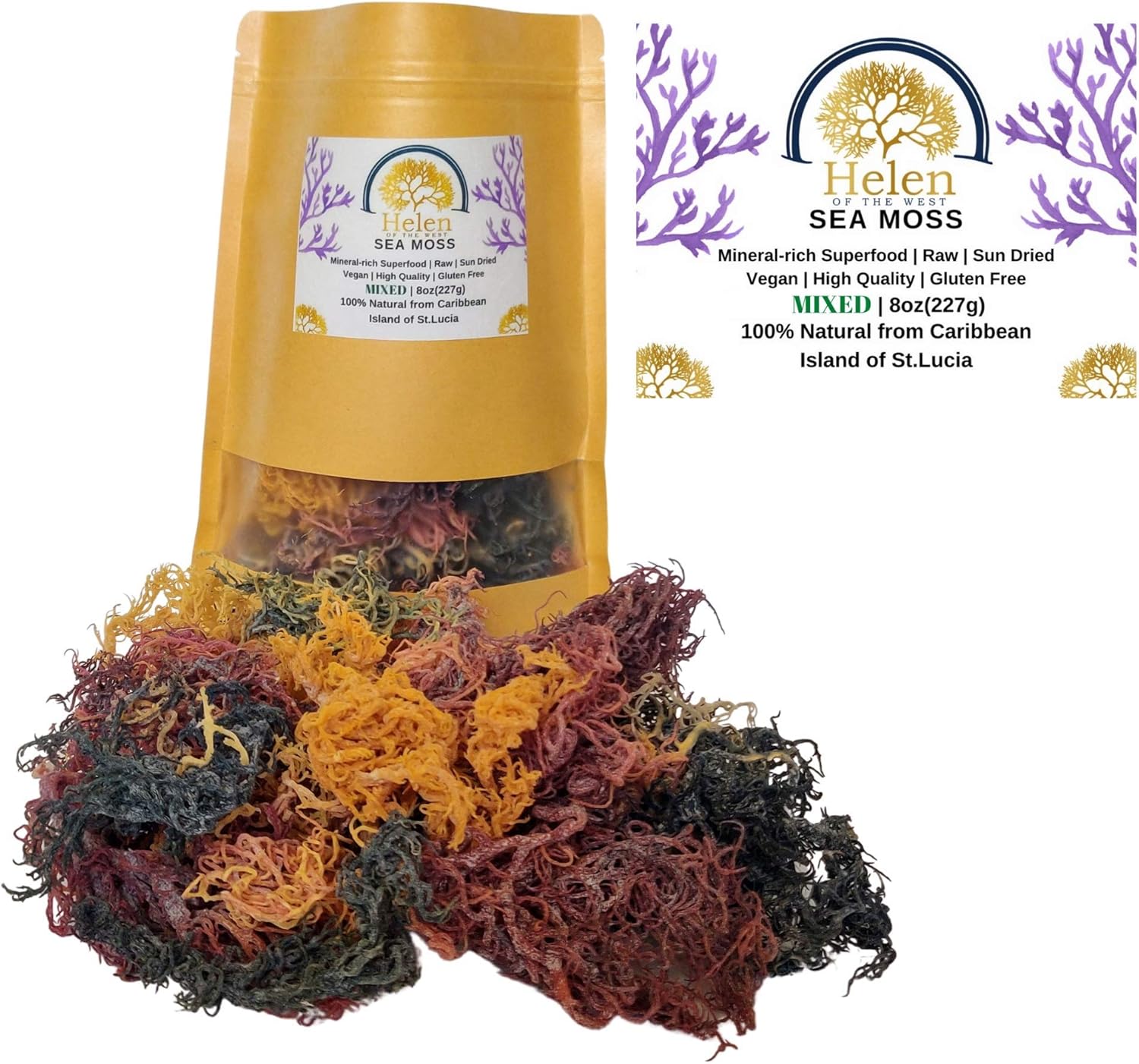 Wildcrafted Sea Moss | Gold - Purple - Green - Mixed | 100% Natural Irish Moss from St.Lucia | Mineral-Rich Superfood | 8oz Sun-Dried Moss | NO Preservatives NO Chemicals