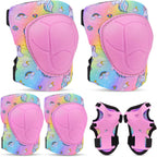 FIODAY Knee Pads for Kids Protective Gear Set Adjustable Kids Knee Pads and Elbow Pads with Wrist Guard for Girls Roller Skates Cycling Bike Skateboard Scooter, 3-8 Years,Rainbow Pink