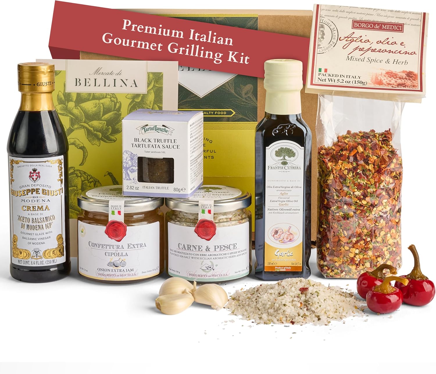 Mercato di Bellina Grill Master Gift Basket - Italian Made Caramelized Onion Jam, Seasonings, Extra Virgin Olive Oil, Black Truffle Sauce, Balsamic - Perfect Fathers Day Grilling Gift Set Dad, Husband