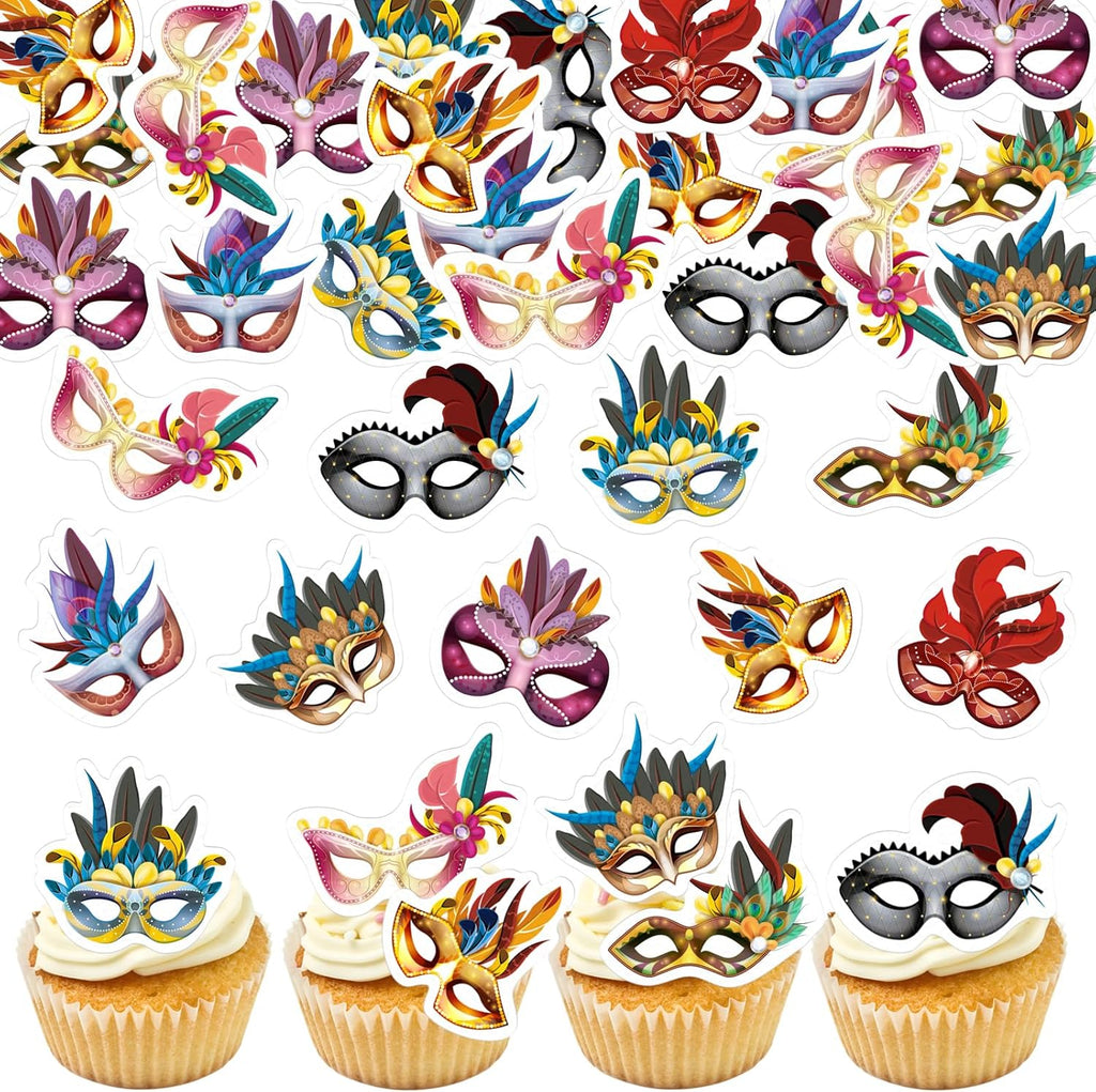 40PCS Edible Mardi Gras Cupcake Toppers Wafer Paper Masquerade Masks Cupcake Picks Edible Masquerade for Mardi Gras Party Baby Shower Birthday Party Cake Decorations Supplies