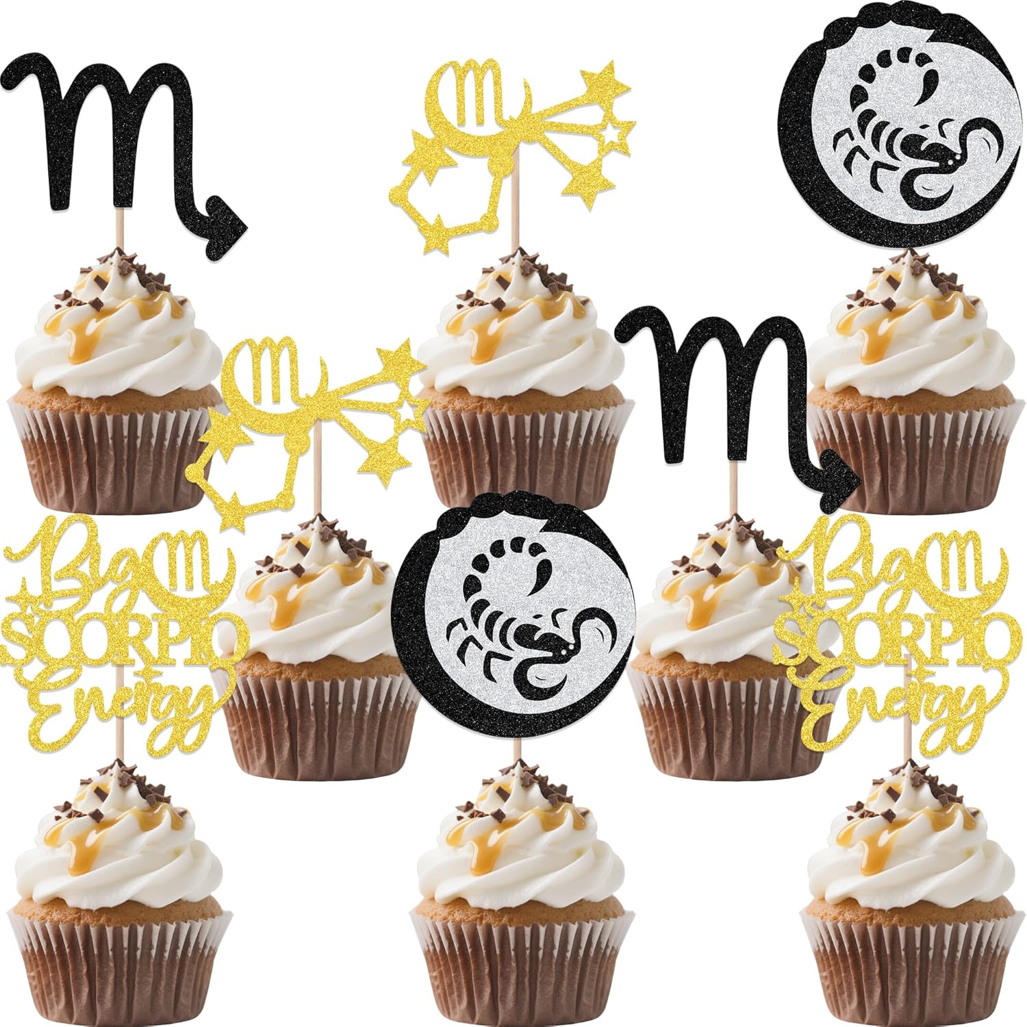 24Pcs Big Scorpio Energy Cupcake Toppers - Scorpio Season Birthday Decorations - October/November Horoscope Scorpio Birthday Pary Decorations Black Gold & Silver
