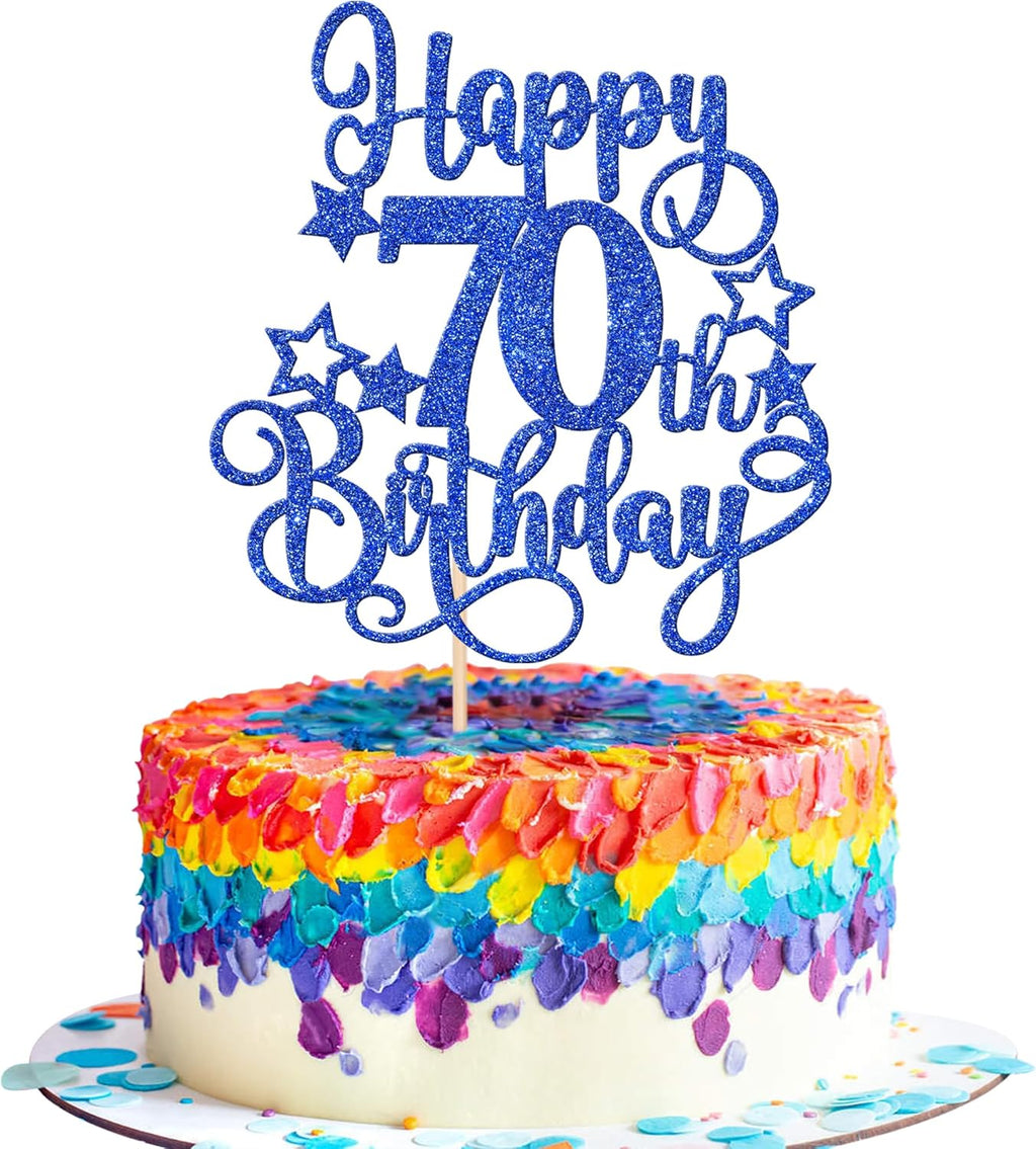 1 PCS Happy 70th Birthday Cake Topper Glitter Cheers to 70 Years Birthday Cake Pick Hello 70 Fabulous Cake Decoration for Happy 70th Birthday Anniversary Party Decorations Supplies Blue