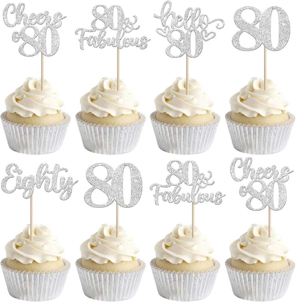 30 PCS Happy 80th Birthday Cupcake Toppers Glitter Eighty Hello 80 Cheers to 80 Fabulous Cupcake Picks for Happy 80th Birthday Anniversary Party Cake Decorations Supplies Silver