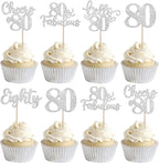 30 PCS Happy 80th Birthday Cupcake Toppers Glitter Eighty Hello 80 Cheers to 80 Fabulous Cupcake Picks for Happy 80th Birthday Anniversary Party Cake Decorations Supplies Silver
