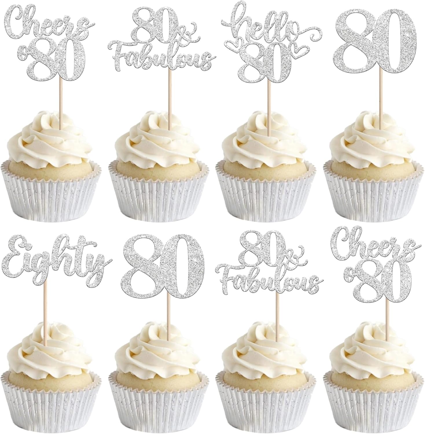 30 PCS Happy 80th Birthday Cupcake Toppers Glitter Eighty Hello 80 Cheers to 80 Fabulous Cupcake Picks for Happy 80th Birthday Anniversary Party Cake Decorations Supplies Silver