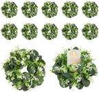 12PCS Artificial Eucalyptus Leaves Small Wreaths Green Candle Rings, Wreaths Spring Summer Greenery Garland Pillar Candle Holder for Home Wedding Party Table Centerpiece Decoration
