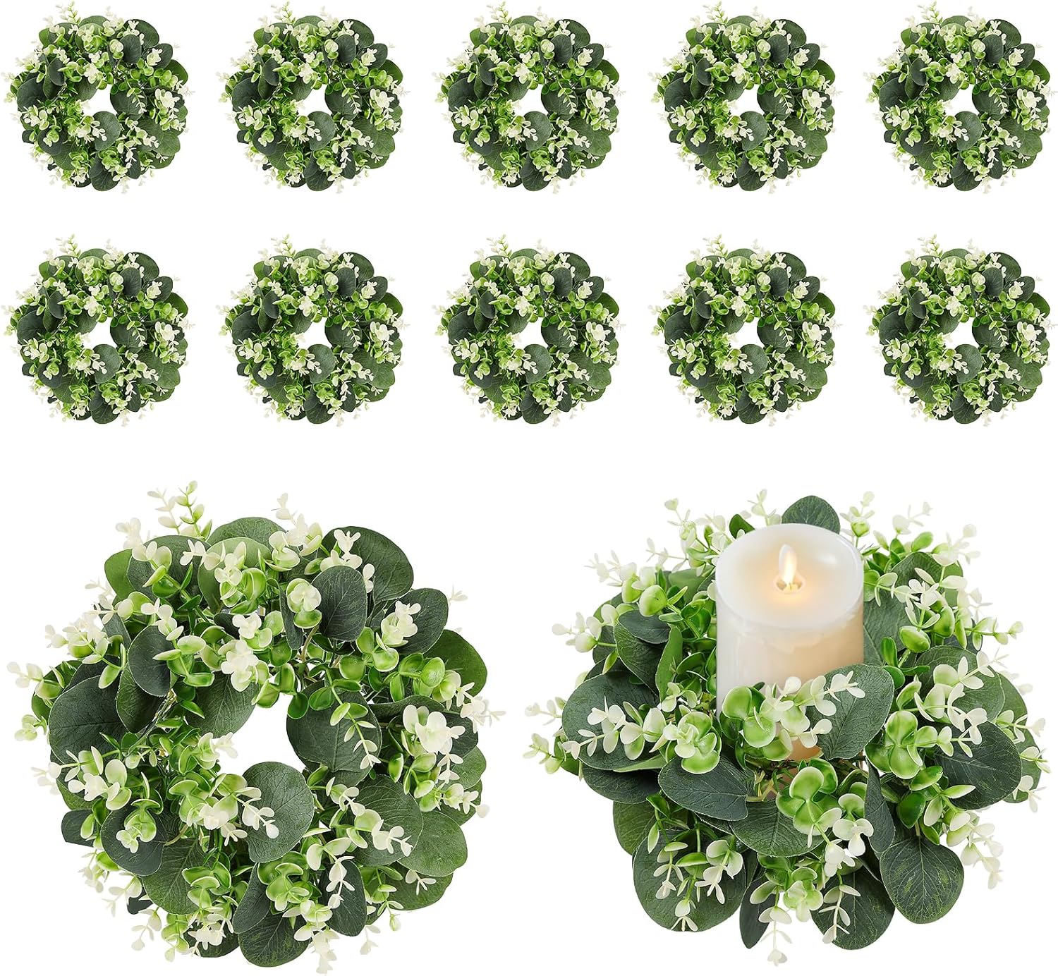 12PCS Artificial Eucalyptus Leaves Small Wreaths Green Candle Rings, Wreaths Spring Summer Greenery Garland Pillar Candle Holder for Home Wedding Party Table Centerpiece Decoration