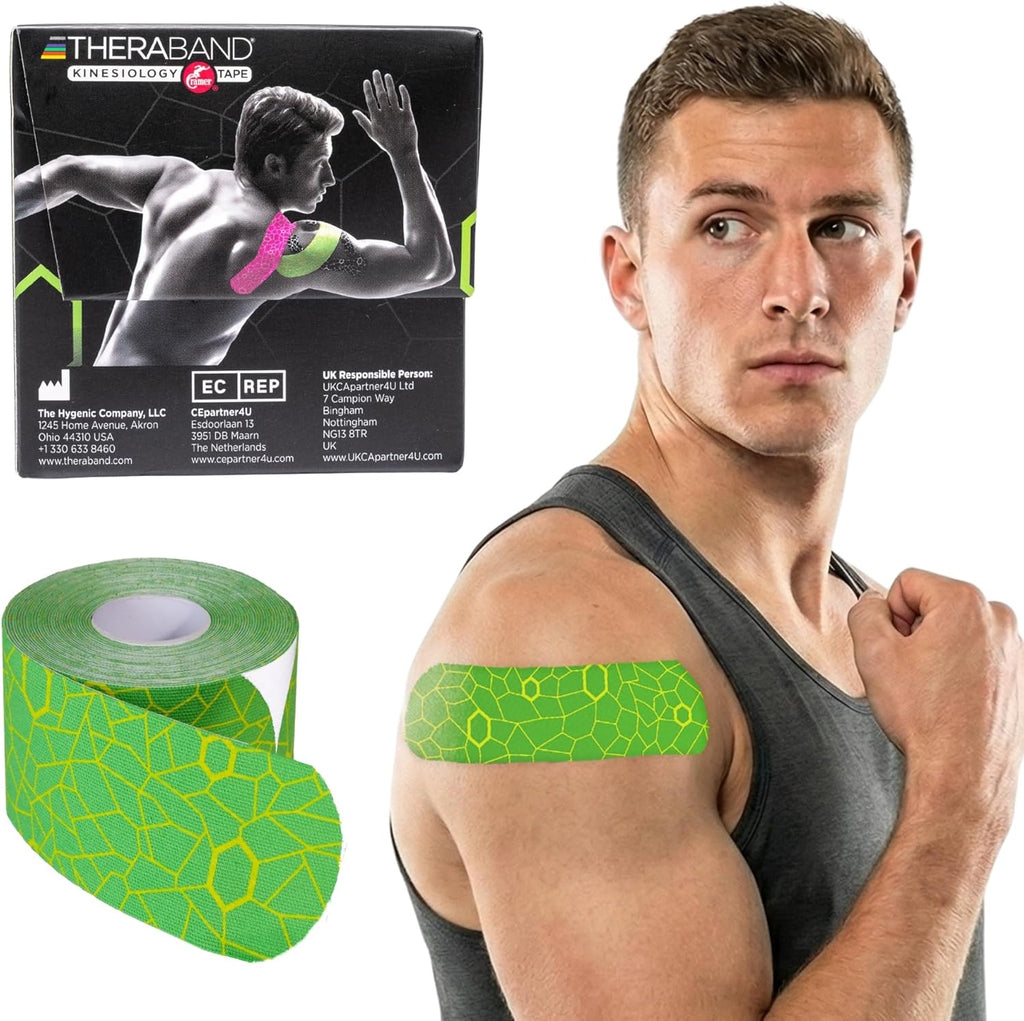 THERABAND Kinesiology Tape, Green/Yellow, 1 Roll, with XactStretch Indicators, Long-Lasting Athletic Tape for Shoulder, Back & Knee, Latex-Free & Water Resistant for Men and Women, Pre-Cut