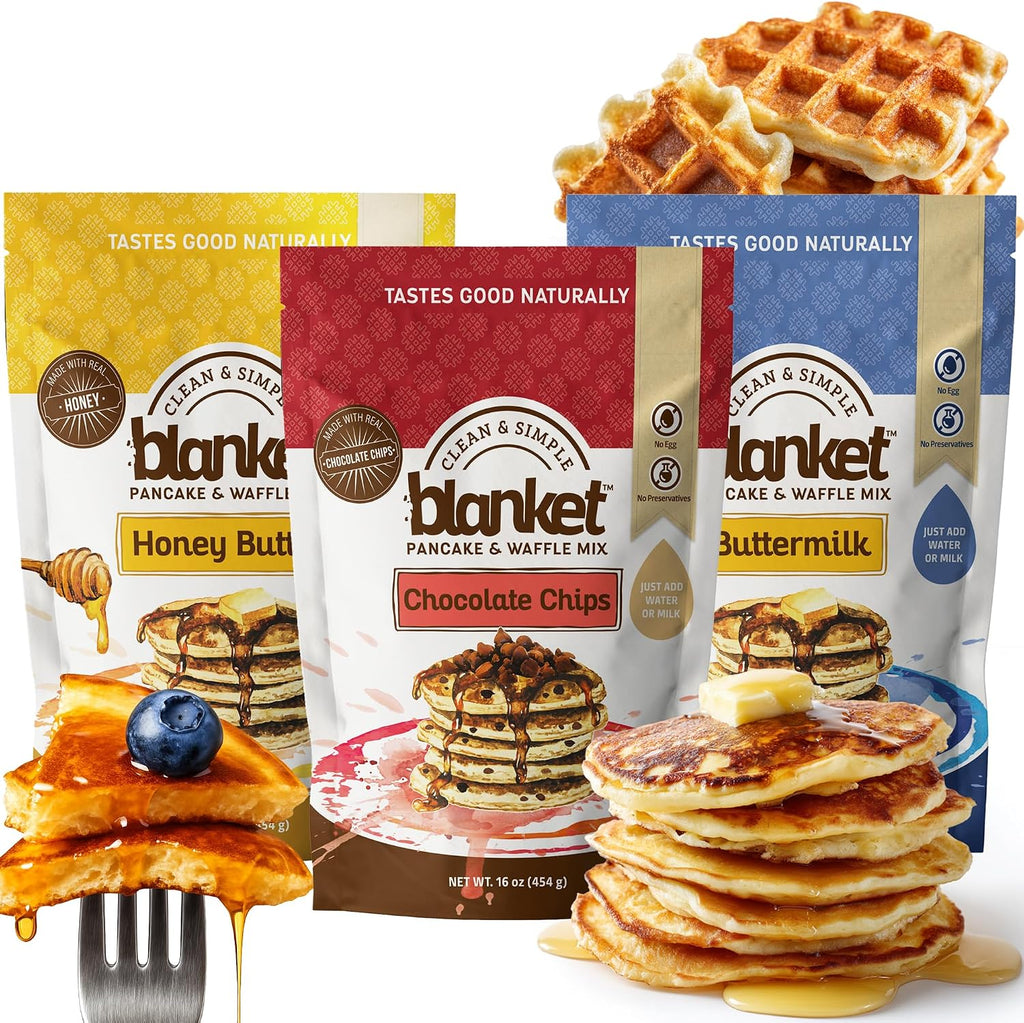 Blanket Pancakes and Waffle Mix – Variety Pack - Just Add Water, No Preservatives – Clean Breakfast Staple with Homestyle Taste – Non-GMO, Comfort Food Classic - 16 oz (3 Pack)