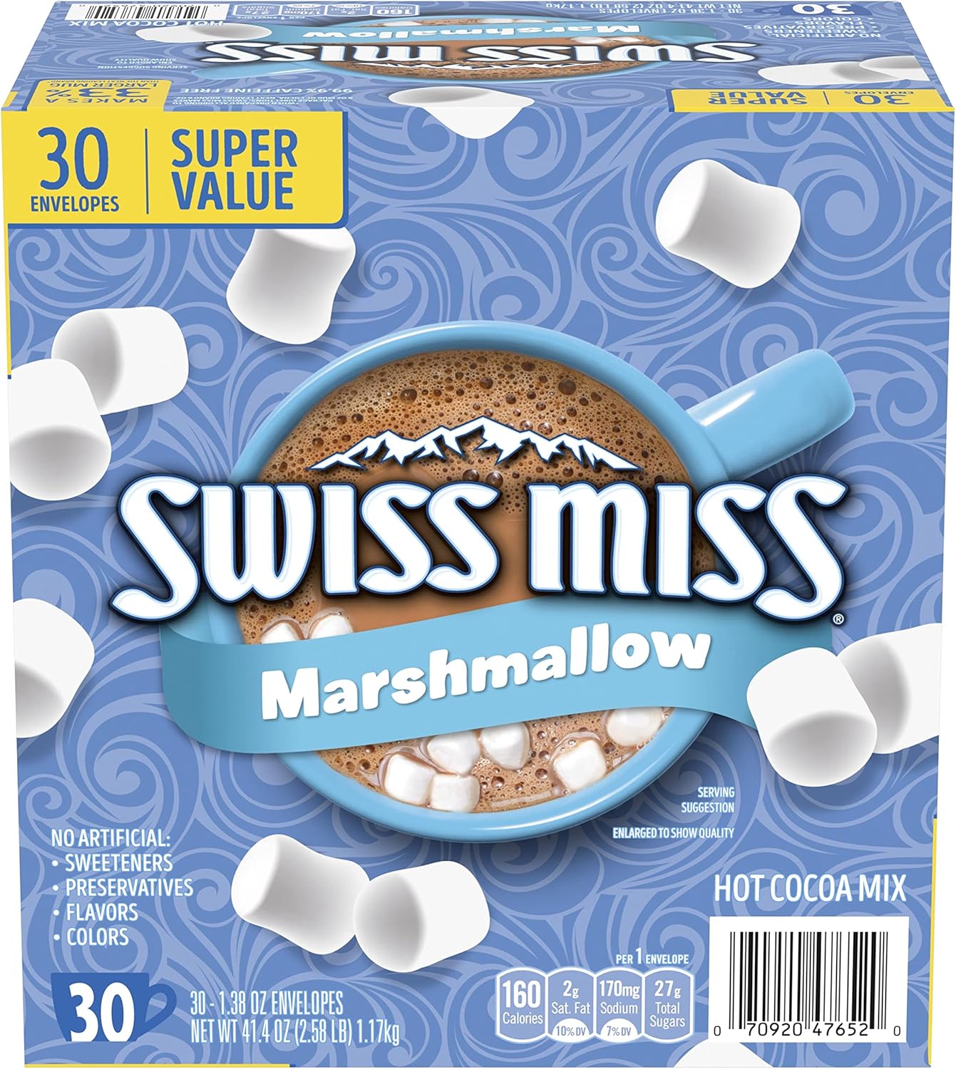 Swiss Miss Chocolate Hot Cocoa Mix With Marshmallows, Hot Cocoa Bar Supplies, 1.38 oz., 30-Count Envelopes