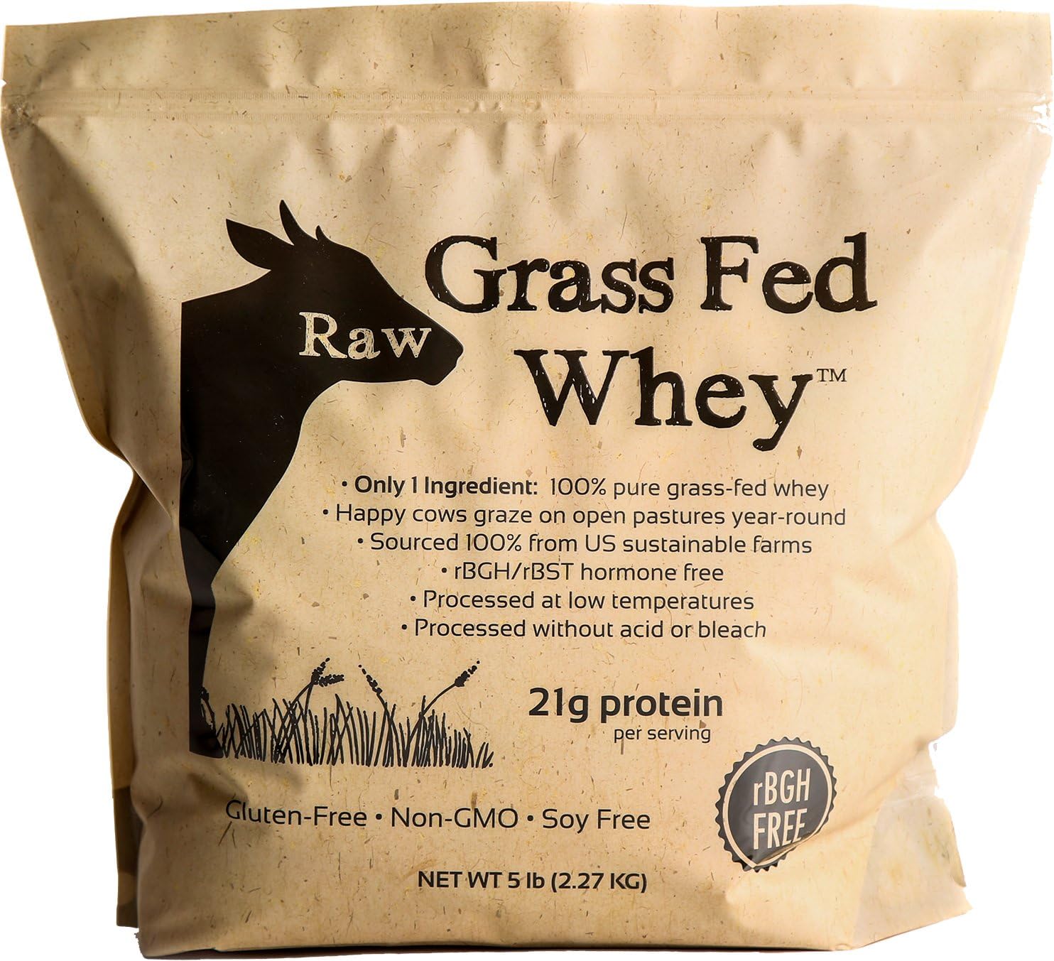 Raw Grass Fed Whey Protein Powder – Unflavored, Only 1 Ingredient: Grass-Fed Whey from Happy, Healthy Cows – Undenatured, Non-GMO, Hormone-Free, Gluten-Free, Made in USA, 5LB