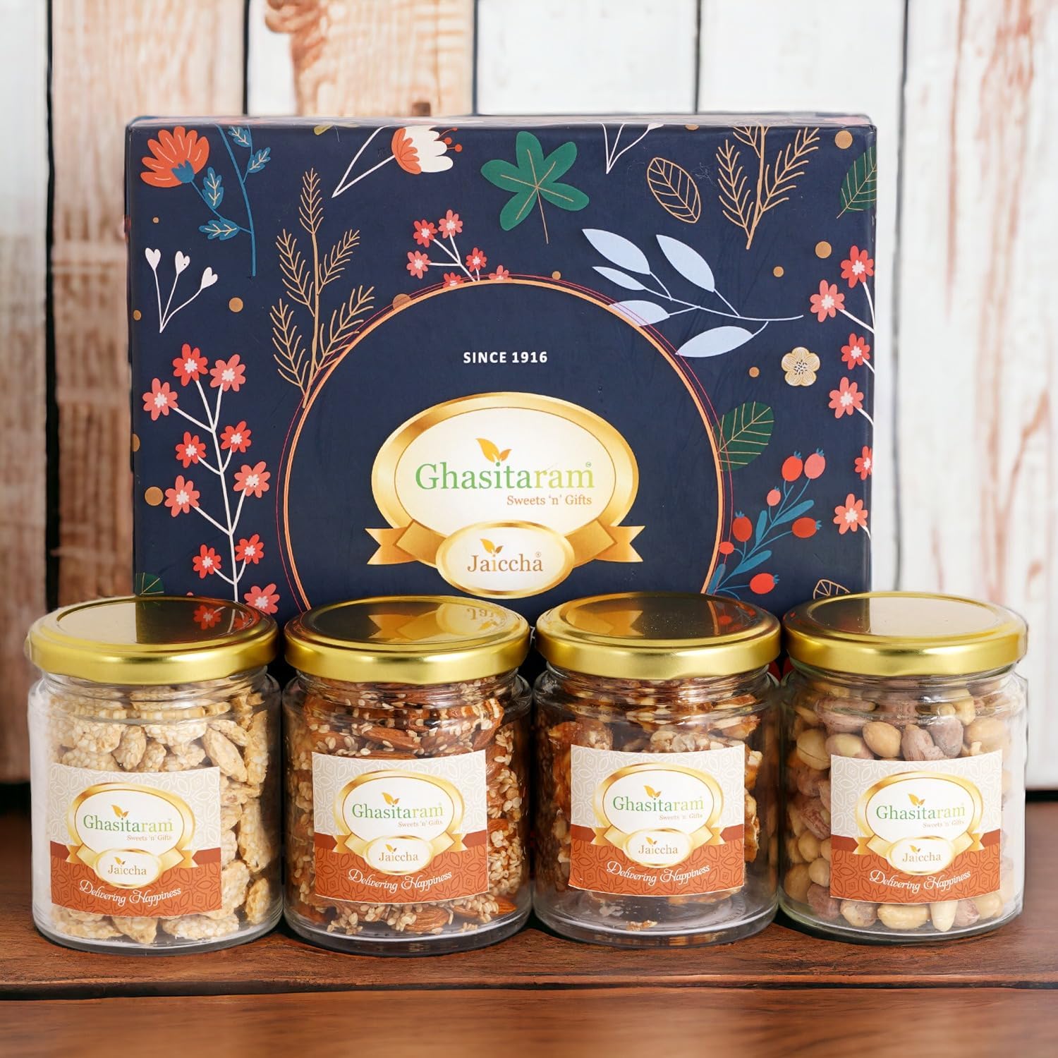 Ghasitaram Gifts Jaiccha Lohri Sweets Gachak hampers Lohri 4 jar Box of revadi, til Almonds, chikki and Peanuts