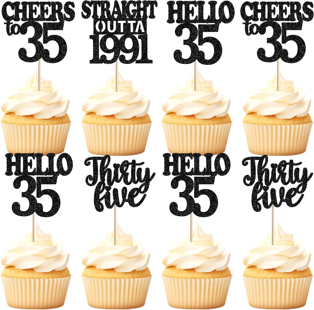 36Pcs Happy 35th Birthday Cupcake Toppers Black Thirty Five Straight Outta 1991 Cupcake Picks Hello 35 Cheers to 35 Years Birthday Cake Decorations for 35th Birthday Anniversary Party Decor Supplies