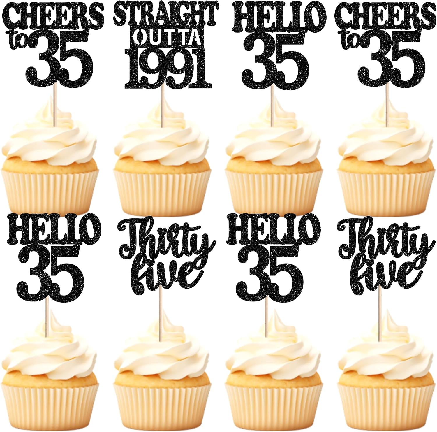 36Pcs Happy 35th Birthday Cupcake Toppers Black Thirty Five Straight Outta 1991 Cupcake Picks Hello 35 Cheers to 35 Years Birthday Cake Decorations for 35th Birthday Anniversary Party Decor Supplies