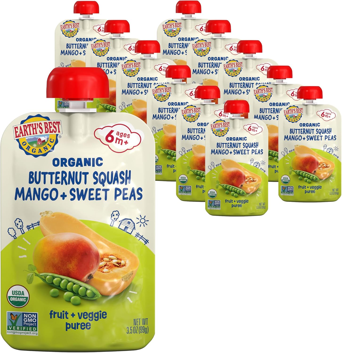 Earth's Best Organic Butternut Squash, Mango and Sweet Peas Puree Pouch 3.5 oz (Pack of 12)