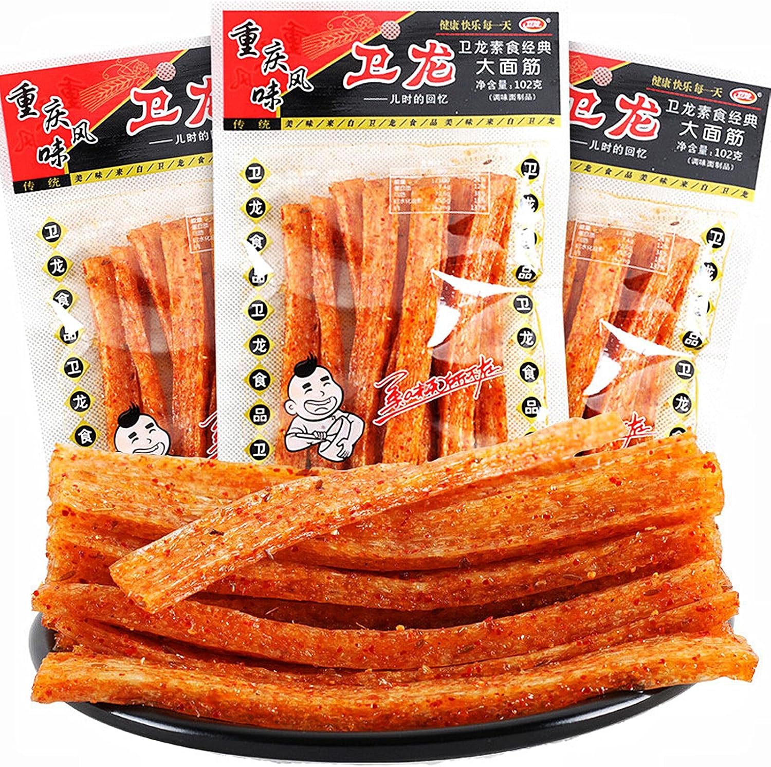 Spicy Strips - Spicy Gluten Latiao, Chinese Special Casual Snack Food, Made From Wheat/Chili/Spice, Low Sugar and Low Calories, Best Vegan, 102g (Pack of 3)
