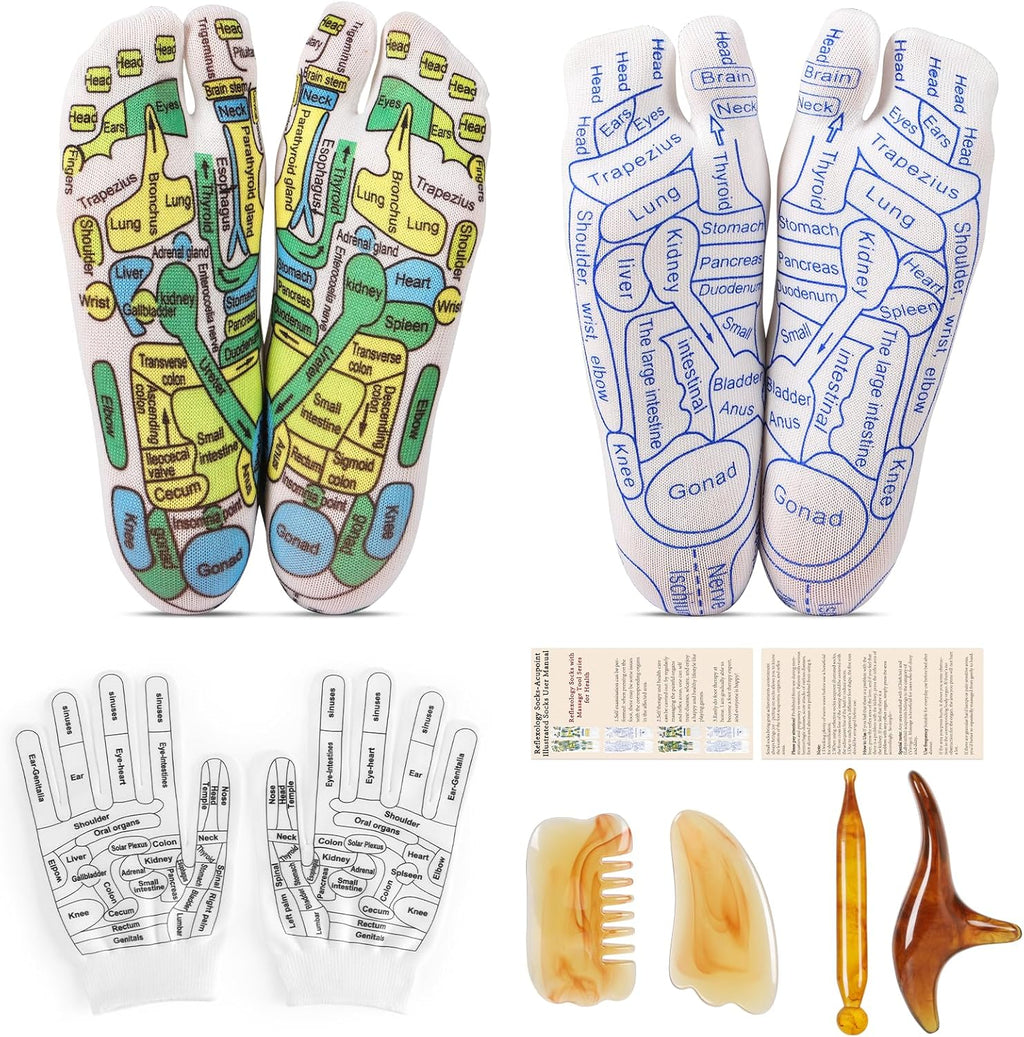 Reflexology Socks Set with Gloves Tools, 2 Pairs Chiro Acupressure Acupuncture Trigger Point 4pcs Massage Tool Gua Sha Foot Hands Head Pain Relief Acupoint Birthday Gifts for Women E