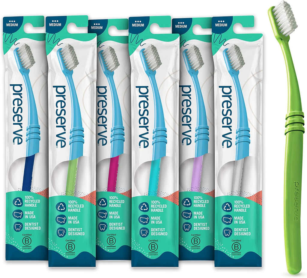 Preserve Eco Friendly Adult Toothbrushes, BPA Free, Made in The USA from Recycled Plastic, Lightweight Toothbrush in Travel Pouch, Medium Bristles Tooth Brush, Colors Vary, 6 Pack