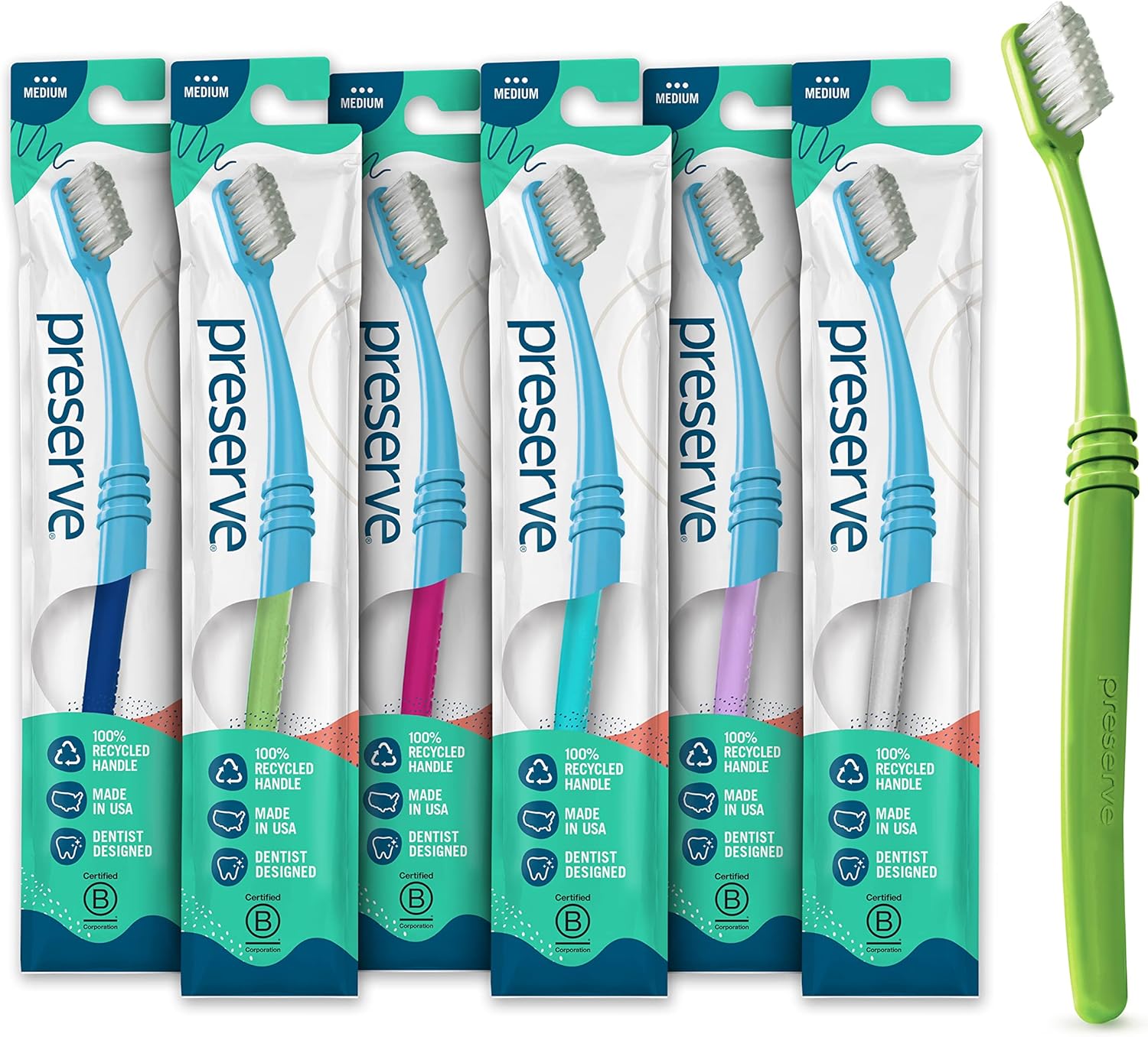 Preserve Eco Friendly Adult Toothbrushes, BPA Free, Made in The USA from Recycled Plastic, Lightweight Toothbrush in Travel Pouch, Medium Bristles Tooth Brush, Colors Vary, 6 Pack