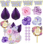 27 PCS Flower Cake Toppers Acrylic Cake Toppers Happy Birthday Butterfly Palm Leaves Dessert Decoration for Birthday Party Wedding Baby Shower Supplies(Pink Purple)