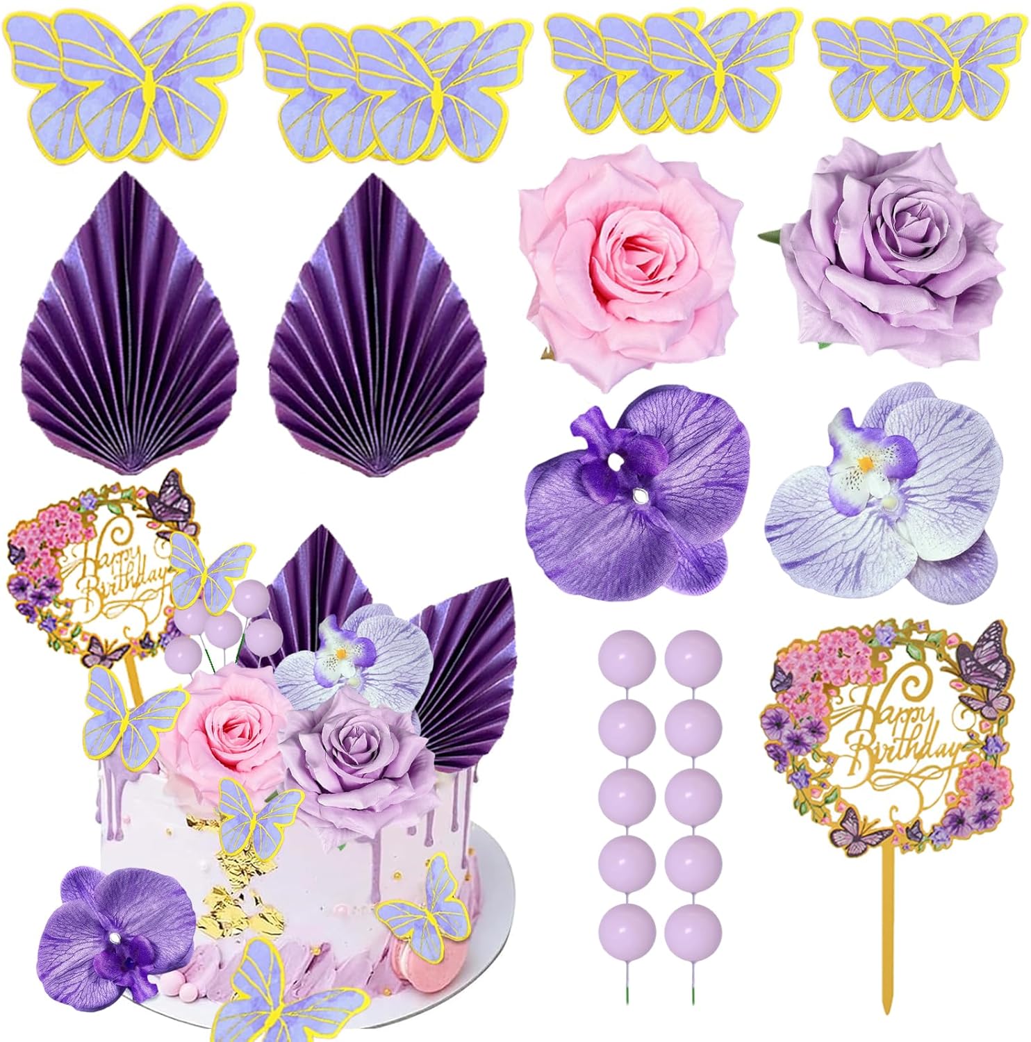 27 PCS Flower Cake Toppers Acrylic Cake Toppers Happy Birthday Butterfly Palm Leaves Dessert Decoration for Birthday Party Wedding Baby Shower Supplies(Pink Purple)
