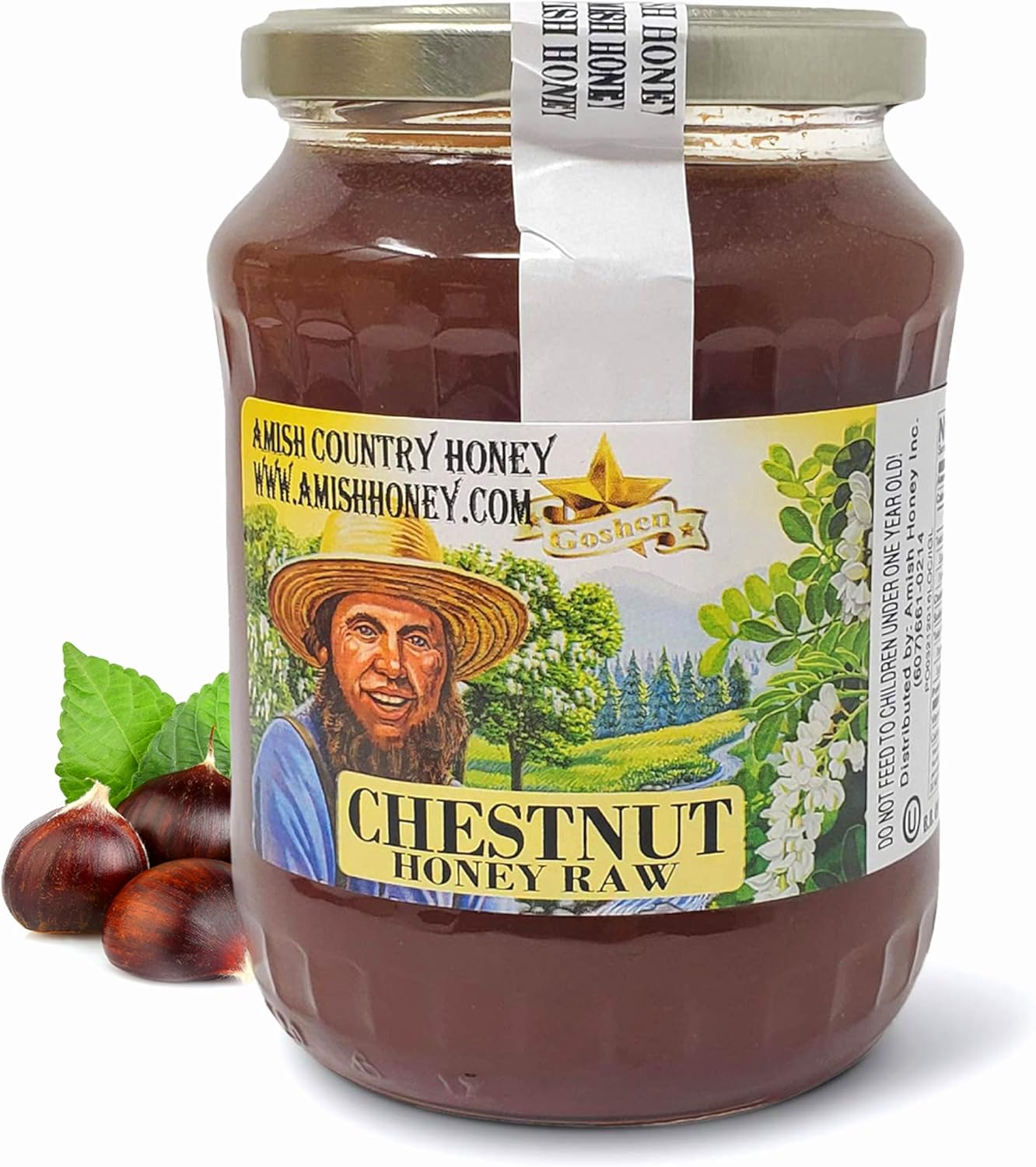 Goshen Amish Country Extremely Raw Chestnut Honey - Unfiltered, Unprocessed, Pure & Natural - Harvested in the USA - Rich Flavor for Tea, Cooking, Wellbeing - Kosher Certified - 32oz Glass Jar