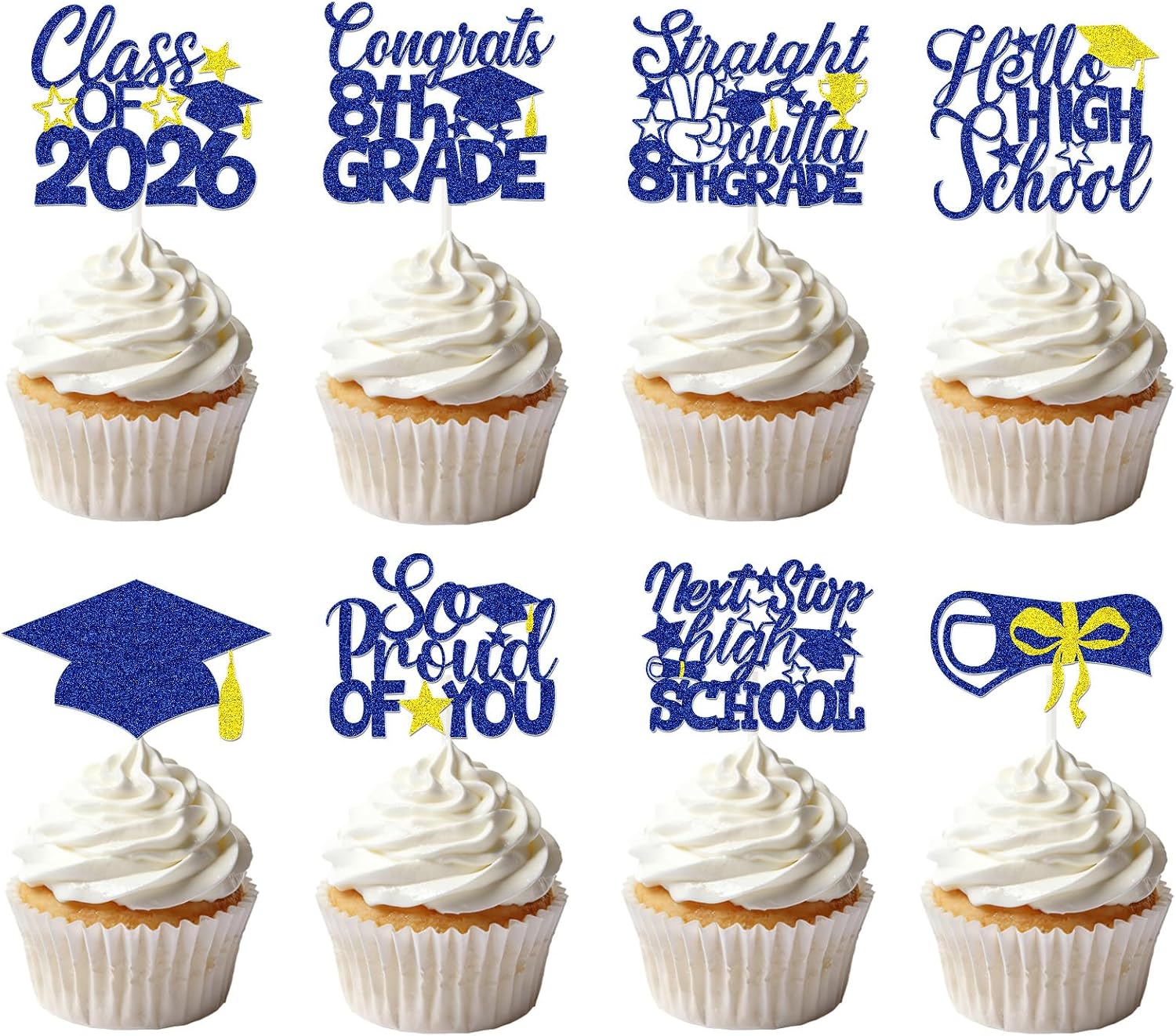 8th Grade Graduation Cupcake Toppers Decorations, 40PCS Class of 2026 Congrats 8th Grade Glittery Cupcake Picks with Grad Cap Diploma, Next Stop High School Cupcake Party Decor (Blue Gold)