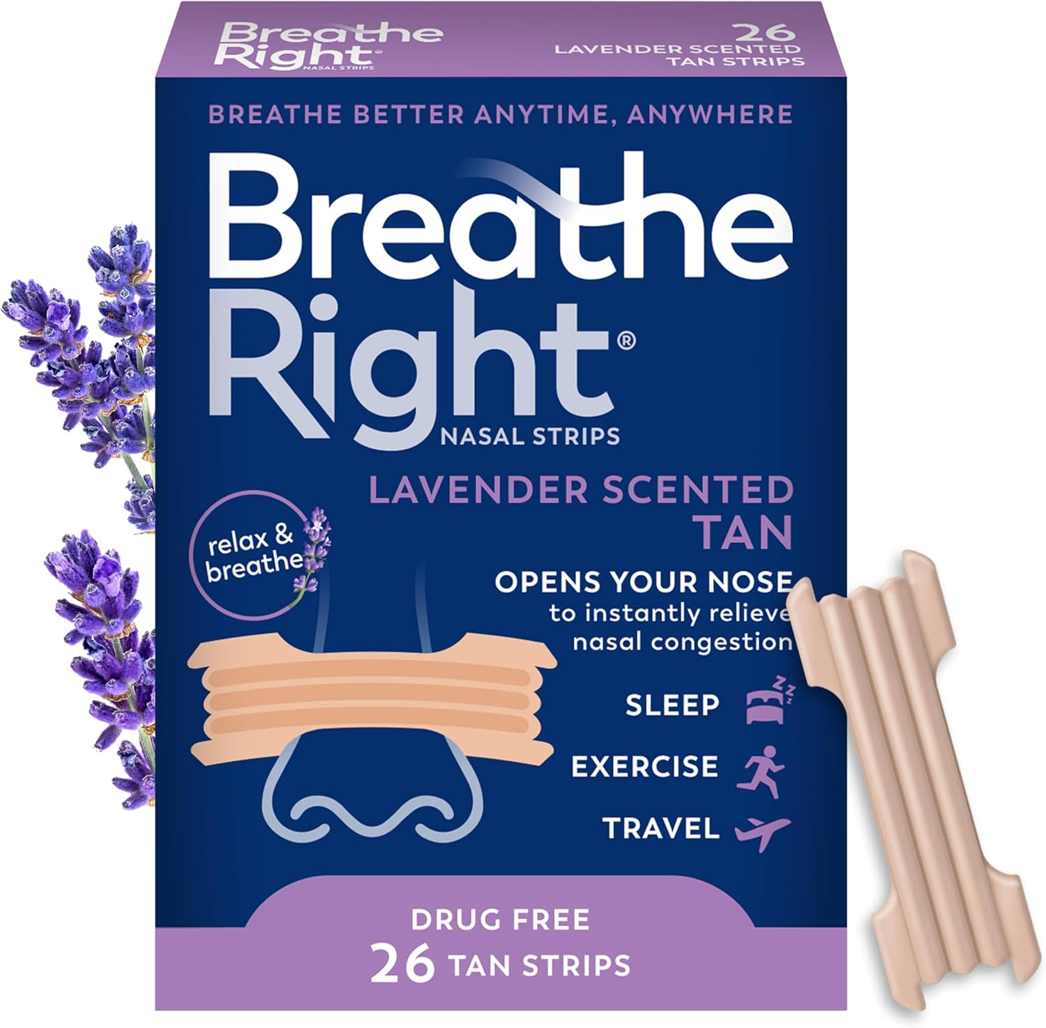 Breathe Right Nasal Strips Lavender Scent Extra Strength Tan Nasal Strips Help Stop Snoring Drug-Free Snoring Solution & Nasal Congestion Relief Caused By Colds & Allergies 26ct (packaging may vary)