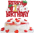1 PCS Berry 1st Birthday Cake Topper - Red Glitter Flower Fruit Sweet One Strawberry Cake Pick - First Birthday Cake Decoration for Baby Shower Party Decorations Supplies
