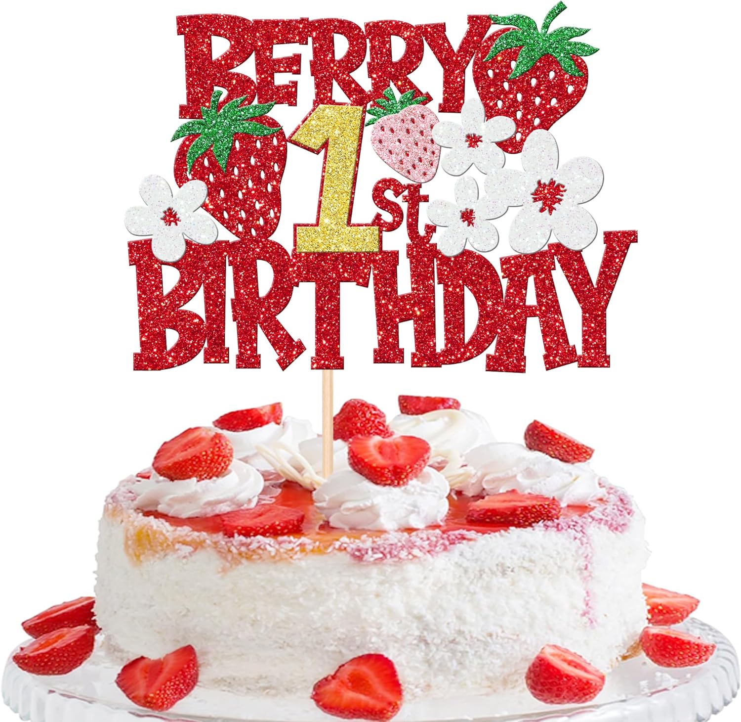 1 PCS Berry 1st Birthday Cake Topper - Red Glitter Flower Fruit Sweet One Strawberry Cake Pick - First Birthday Cake Decoration for Baby Shower Party Decorations Supplies