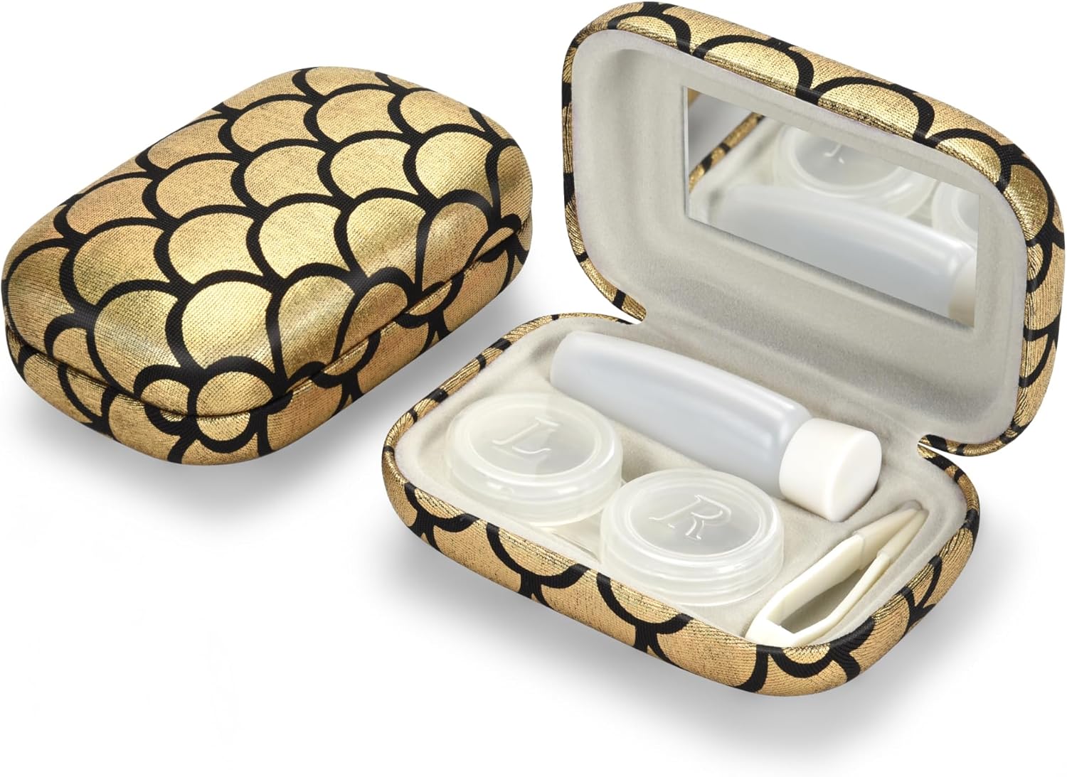 Muf Fish Scale Contact Lens Case,Portable Contact Lens Travel Kit with Mirror,Container,Tweezer,Contact Lens Solution Bottle,Compact Soak Storage Kit for Travel Outdoors Daily Use,Golden Sparkles