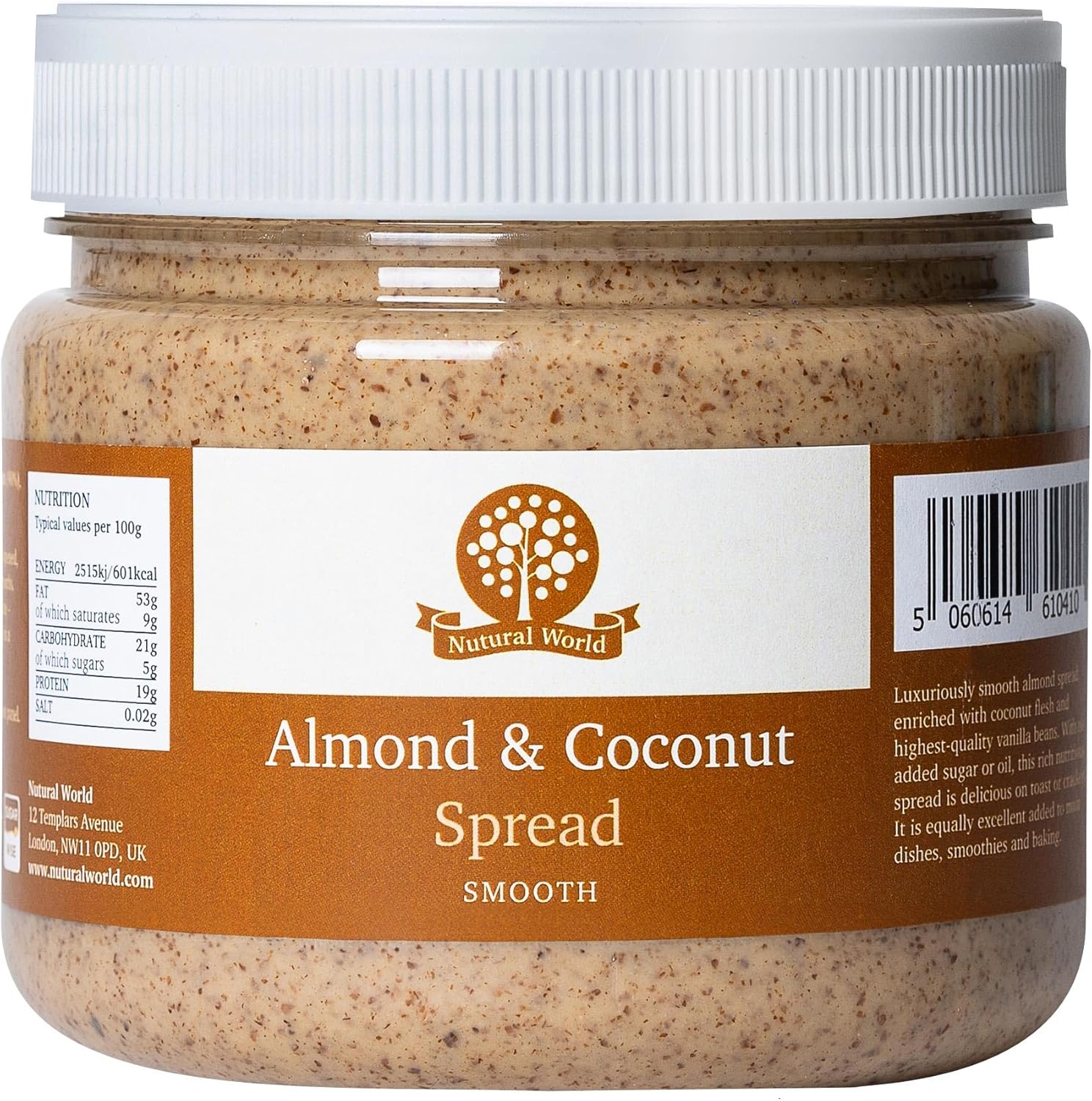 Nutural World - Smooth Almond and Coconut spread 35 Oz (1kg) Great Taste Award winner